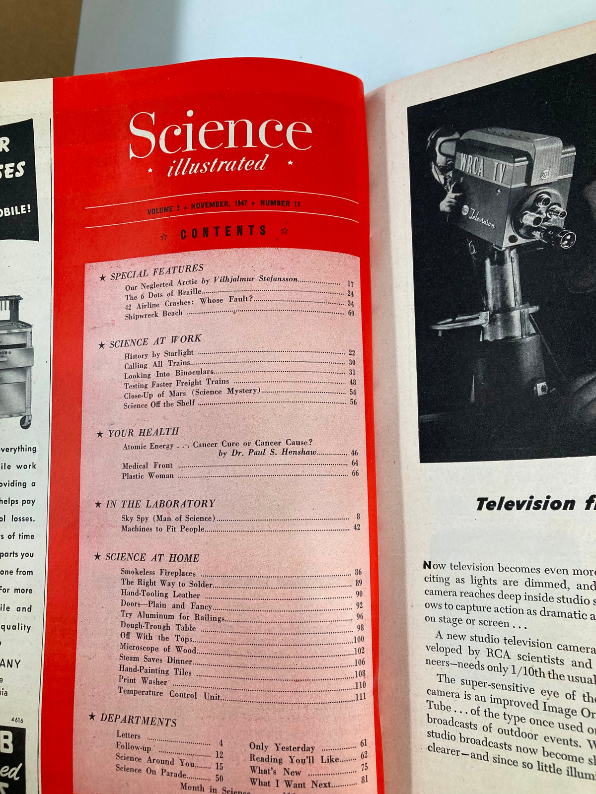 Contents page of the November 1947 edition of Science Illustrated Magazine, detailing features such as 'The 6 Dots of Braille' and other scientific topics covered in this vintage issue.