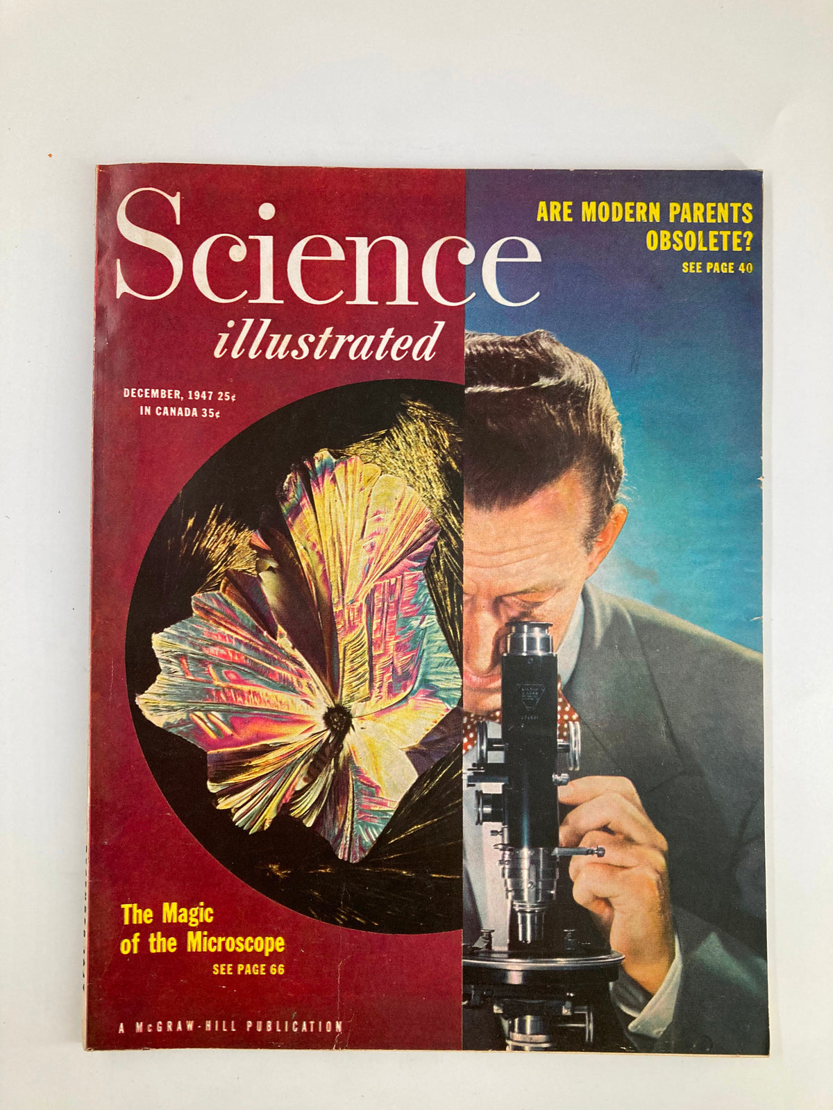 VTG Science Illustrated Magazine December 1947 cover featuring the theme 'The Magic of Microscope', showcasing vibrant colors and an illustration of a scientist using a microscope.