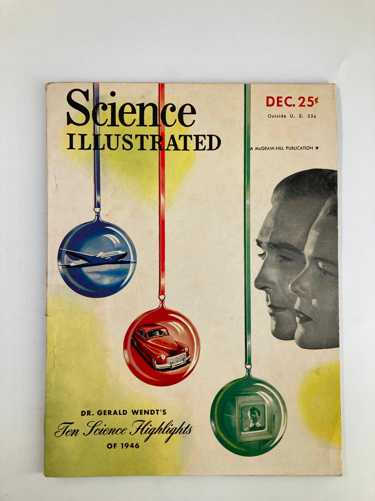 VTG Science Illustrated Magazine December 1946 cover featuring colorful ornaments with scientific themes and a vintage design.