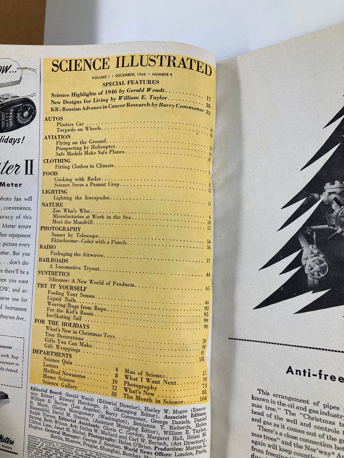 VTG Science Illustrated Magazine December 1946 interior page showing the table of contents and special features including science highlights and articles.