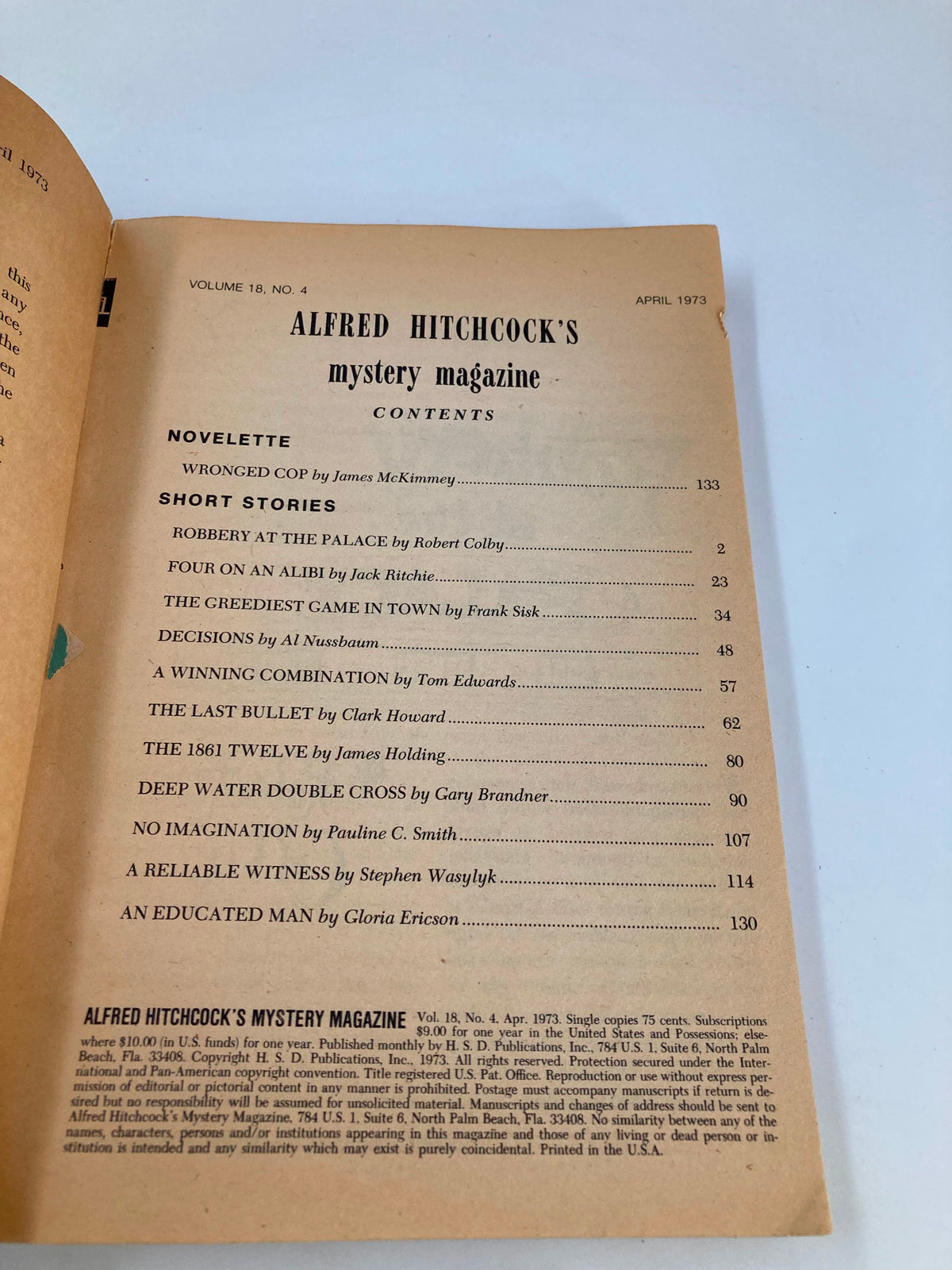 Contents page of Alfred Hitchcock's Mystery Magazine, April 1973, listing various short stories and the magazine's details.