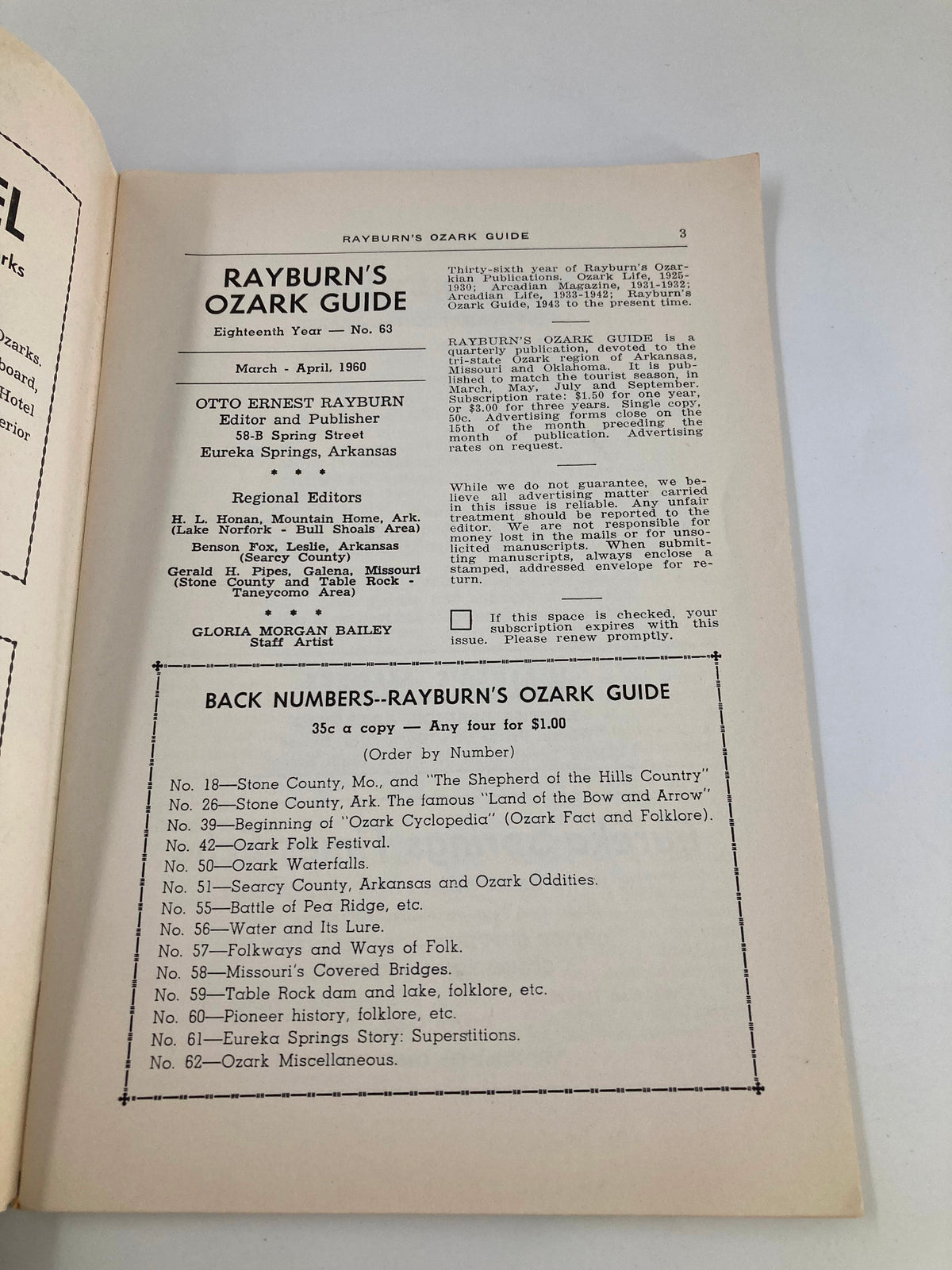 Inside page of Rayburn's Ozark Guide Magazine April 1960 showcasing the magazine's title, editorial team, and available back issues, reflecting the cultural heritage of the Ozarks.