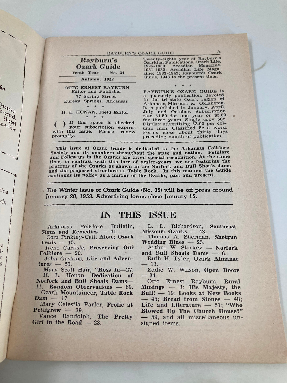 Interior page of Rayburn's Ozark Guide Magazine Autumn 1952, detailing contents like folklore and fishing, showcasing the magazine's dedication to the Ozark region's culture and history.