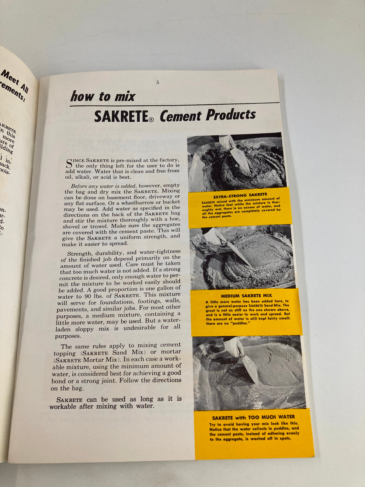 Page from VTG Sakrete Project Book 1950 Home Improvement Projects, detailing how to mix Sakrete cement products for optimal results.