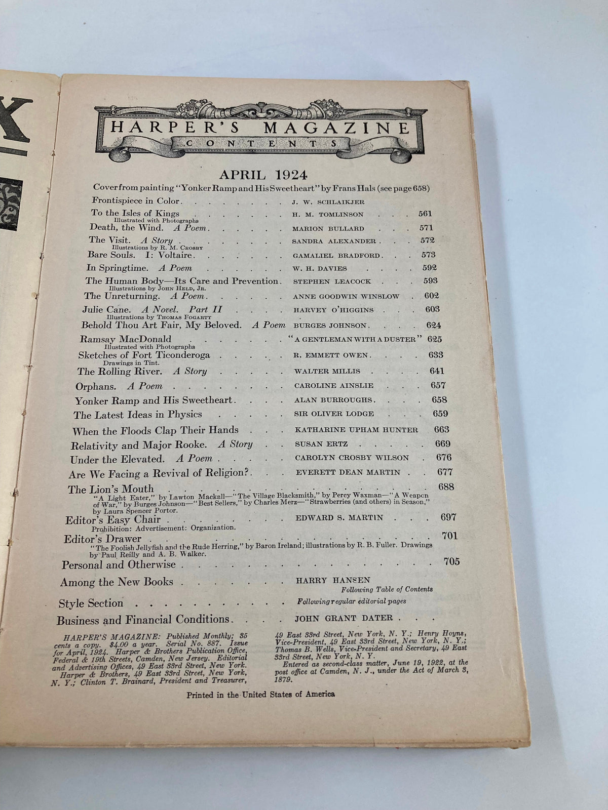 Table of contents page from VTG Harpers Magazine April 1924, listing articles and features including the iconic "Yonker Ramp and His Sweetheart" by Frans Hals.
