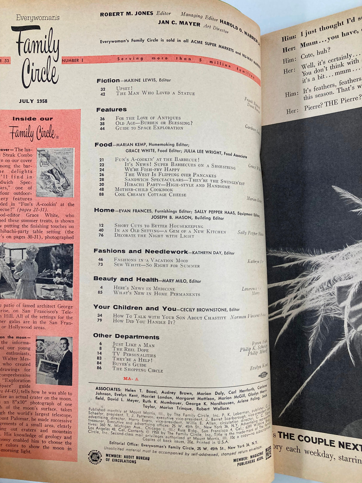 Interior page of the Vintage Family Circle Magazine July 1958 featuring an article index that includes various sections on food, features, and household tips, emphasizing the magazine's nostalgic charm and culinary advice.
