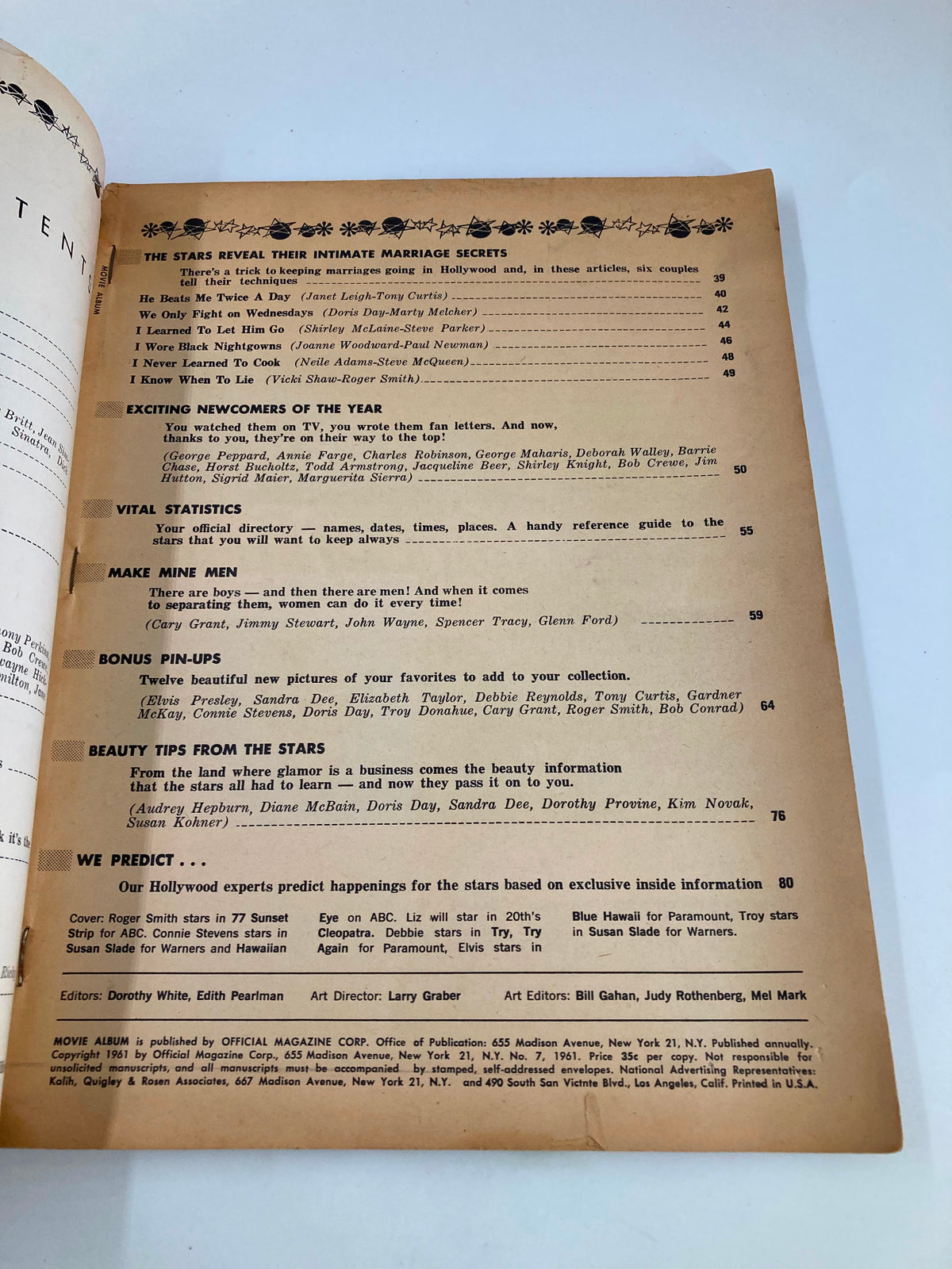 Table of contents from VTG Movie Album Magazine 1961 No. 7, detailing articles such as 'The Stars Reveal Their Intimate Marriage Secrets' and other features showcasing Hollywood stories.