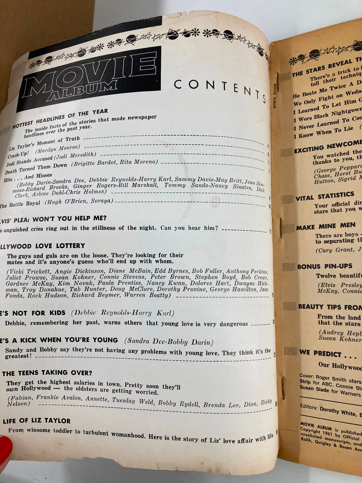 Interior page of VTG Movie Album Magazine 1961 No. 7, discussing various topics like 'Hollywood Love Lottery' and 'Life of Liz Taylor', capturing the essence of the early 1960s film culture.