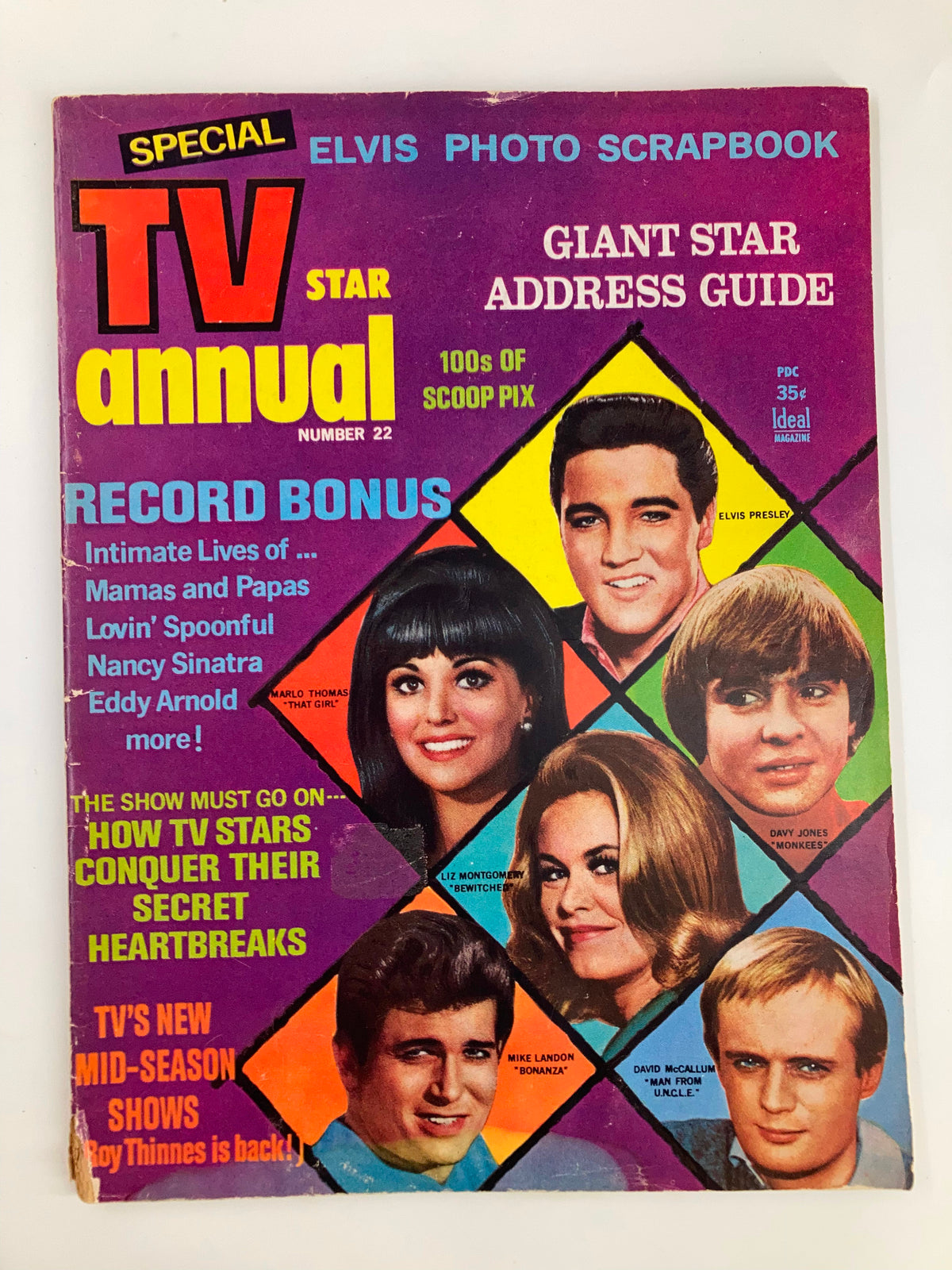 VTG TV Star Annual Magazine 1967 featuring Elvis Presley, Marlo Thomas, and Mike Landon on its colorful cover, showcasing iconic stars of the era.