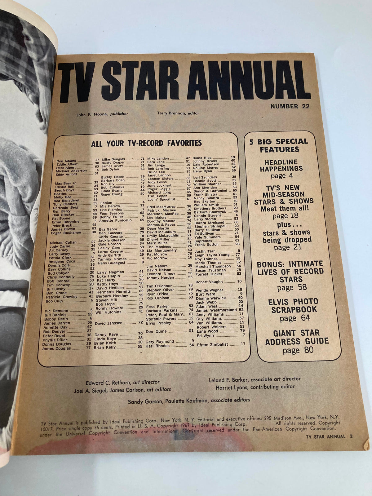 Interior page of the VTG TV Star Annual Magazine 1967, listing popular television and record favorites, highlighting notable personalities of the time.