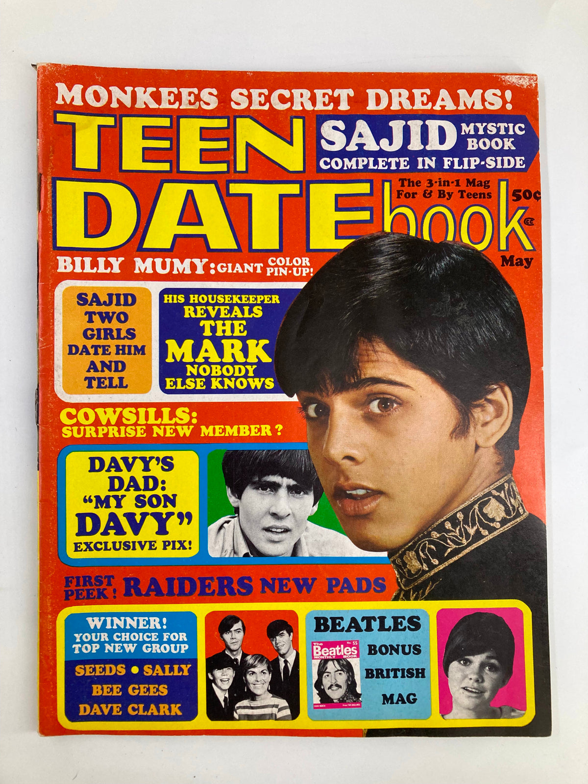 Cover of VTG Teen Date Book Magazine May 1968 featuring Davy Jones, Billy Mumy, and Sajid Khan, showcasing vibrant graphics and headlines.