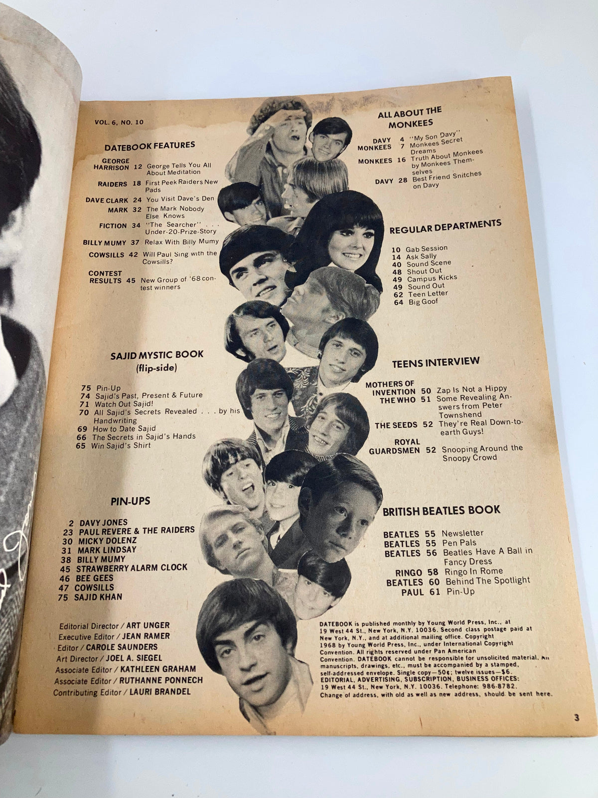 Inside page of VTG Teen Date Book Magazine May 1968 displaying the contents and features including interviews with Davy Jones and Billy Mumy.