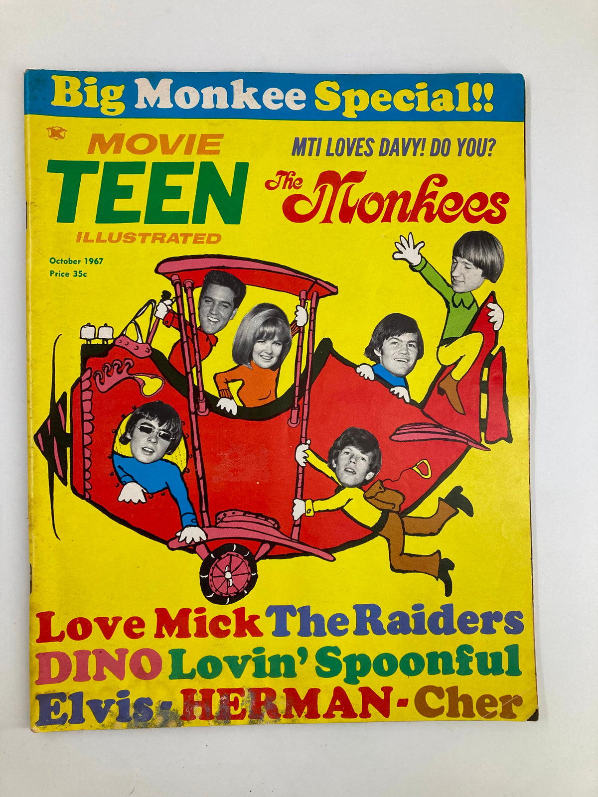 VTG Movie Teen Illustrated Magazine October 1967 cover featuring The Monkees and highlights like 'Love Mick' and 'The Raiders' in a vibrant yellow design.