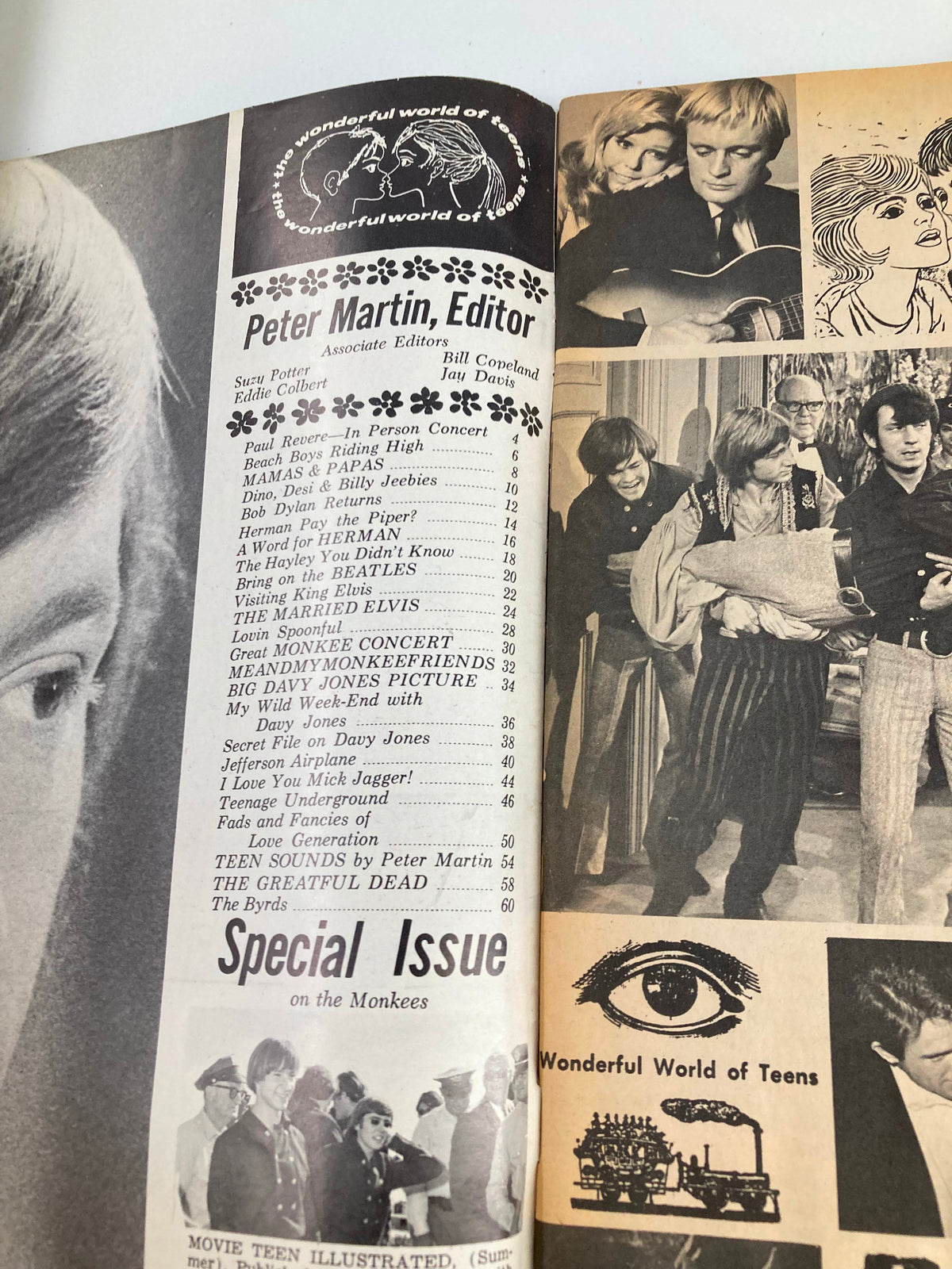 Contents page of VTG Movie Teen Illustrated Magazine October 1967, highlighting editor Peter Martin and listing articles about popular teen icons including The Monkees.
