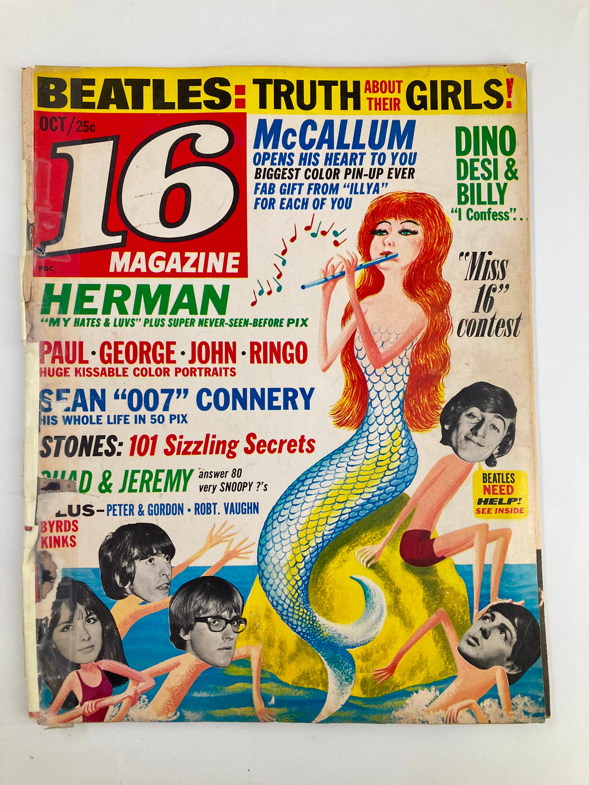 Cover of VTG 16 Magazine October 1965 featuring The Beatles including Paul McCartney, George Harrison, John Lennon, and Ringo Starr, with vibrant illustrations and title text about contests and features in the magazine.