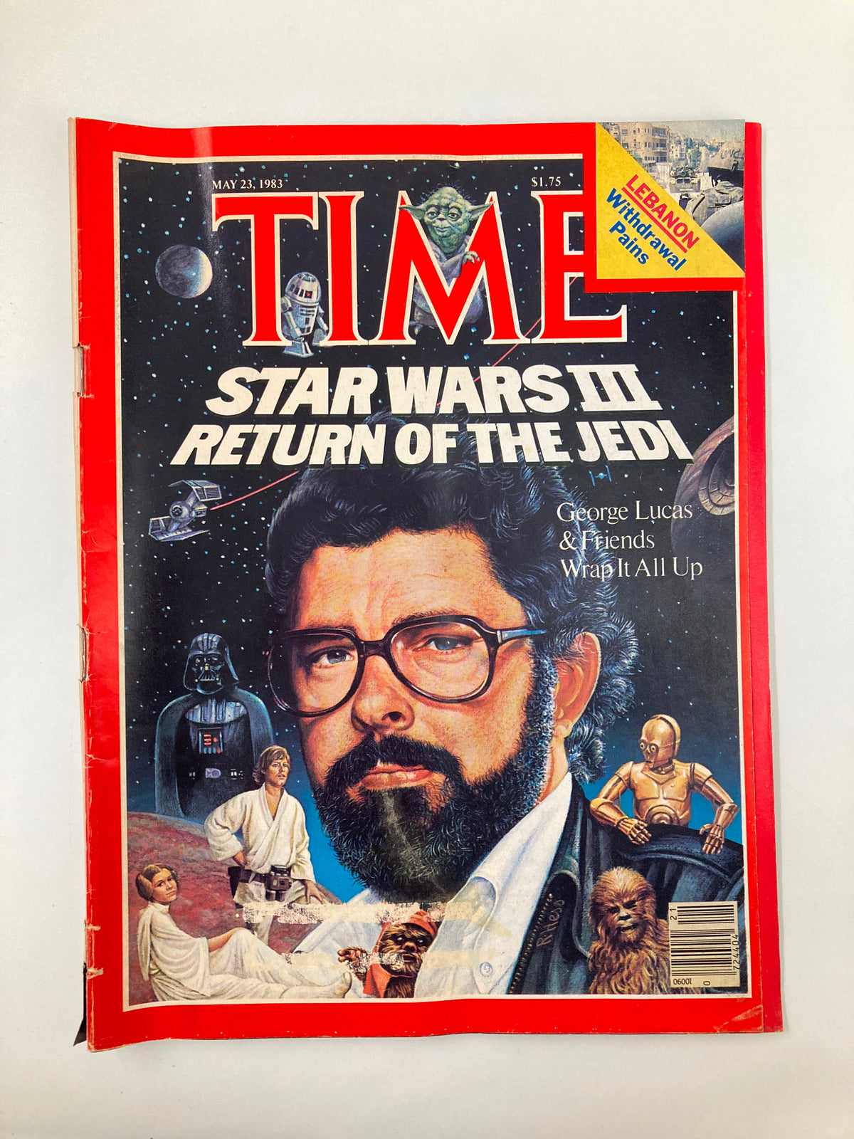 Cover of Time Magazine dated May 23, 1983 featuring George Lucas and Star Wars III: Return of the Jedi. The cover showcases iconic characters such as Darth Vader, Yoda, and more, encapsulating the essence of 1980s pop culture.