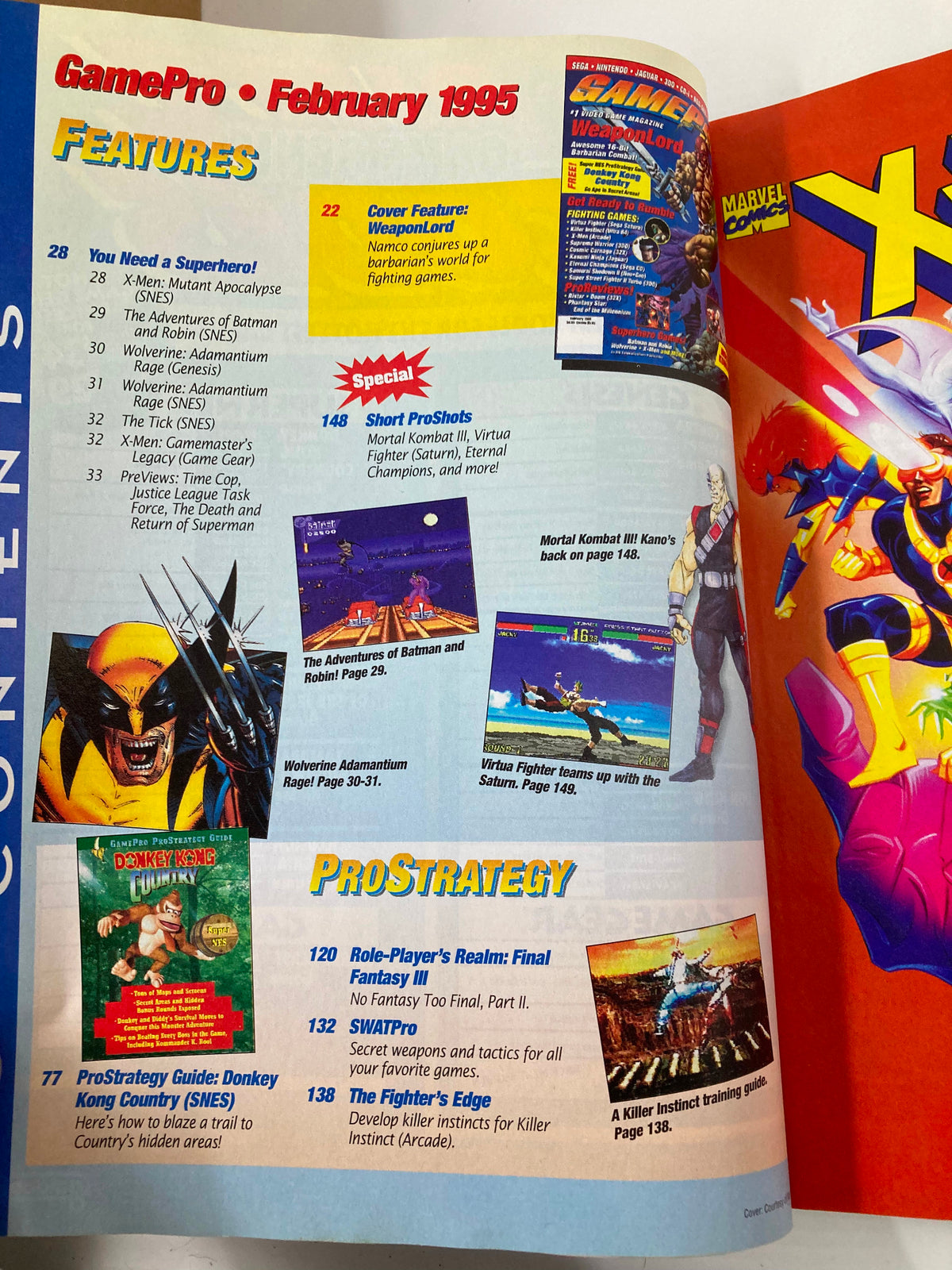 Interior page of GamePro Magazine February 1995 displaying the contents, featuring articles on WeaponLord and other popular games, illustrating vintage gaming culture.