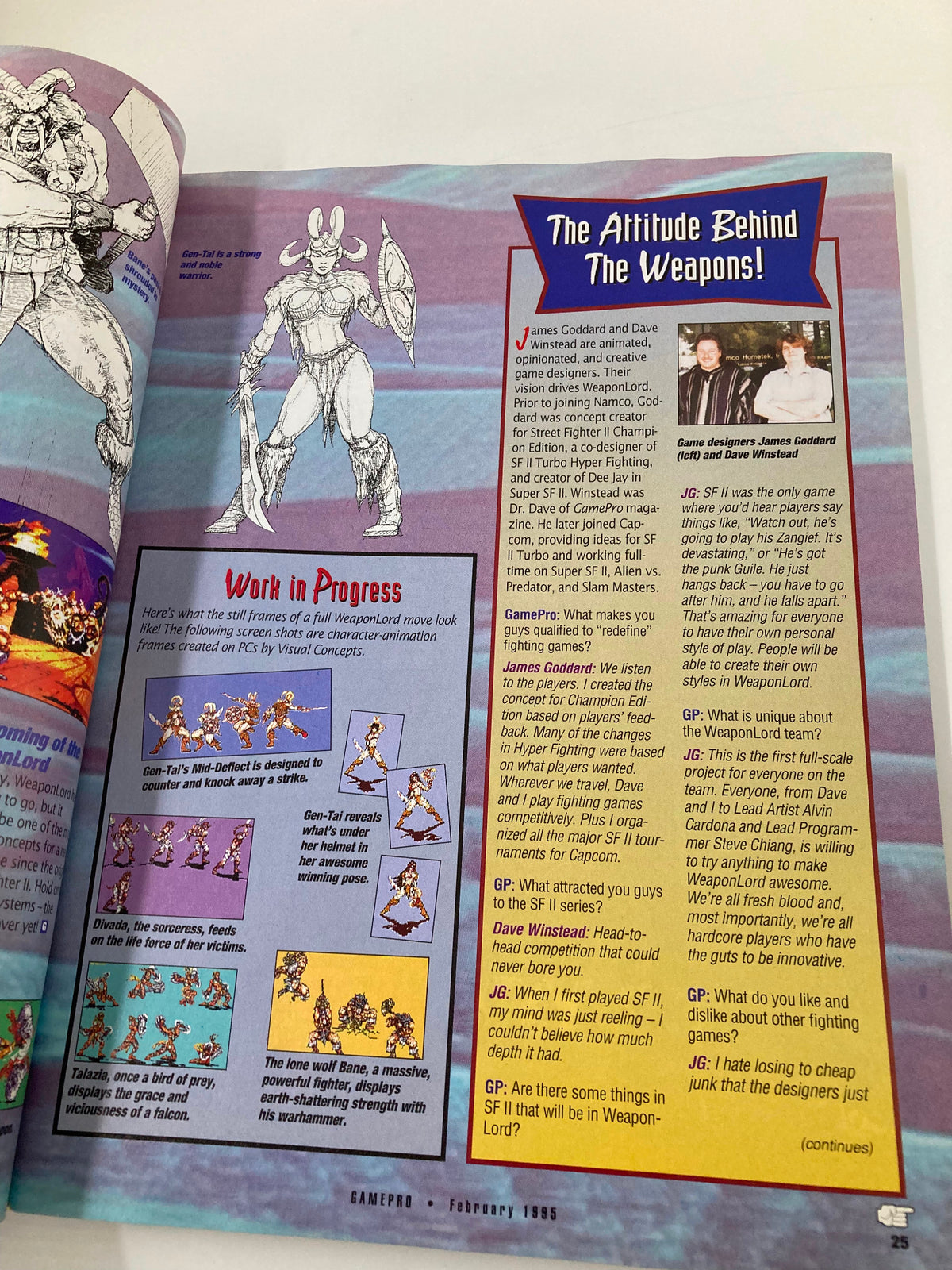 GamePro Magazine February 1995 - An article on WeaponLord featuring character art and developer interviews discussing game design and character moves.