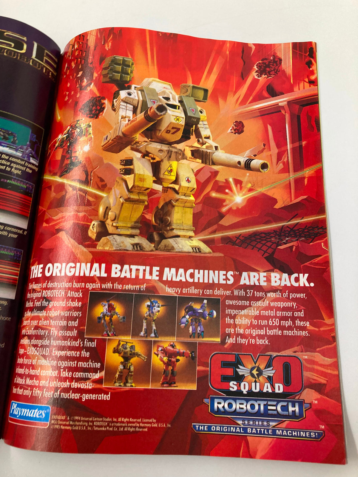 GamePro Magazine February 1995 highlighting an advertisement for 'Exo Squad' Robotech, depicting a large mechanical exo-suit amidst a fiery background, promoting the return of battle machines.