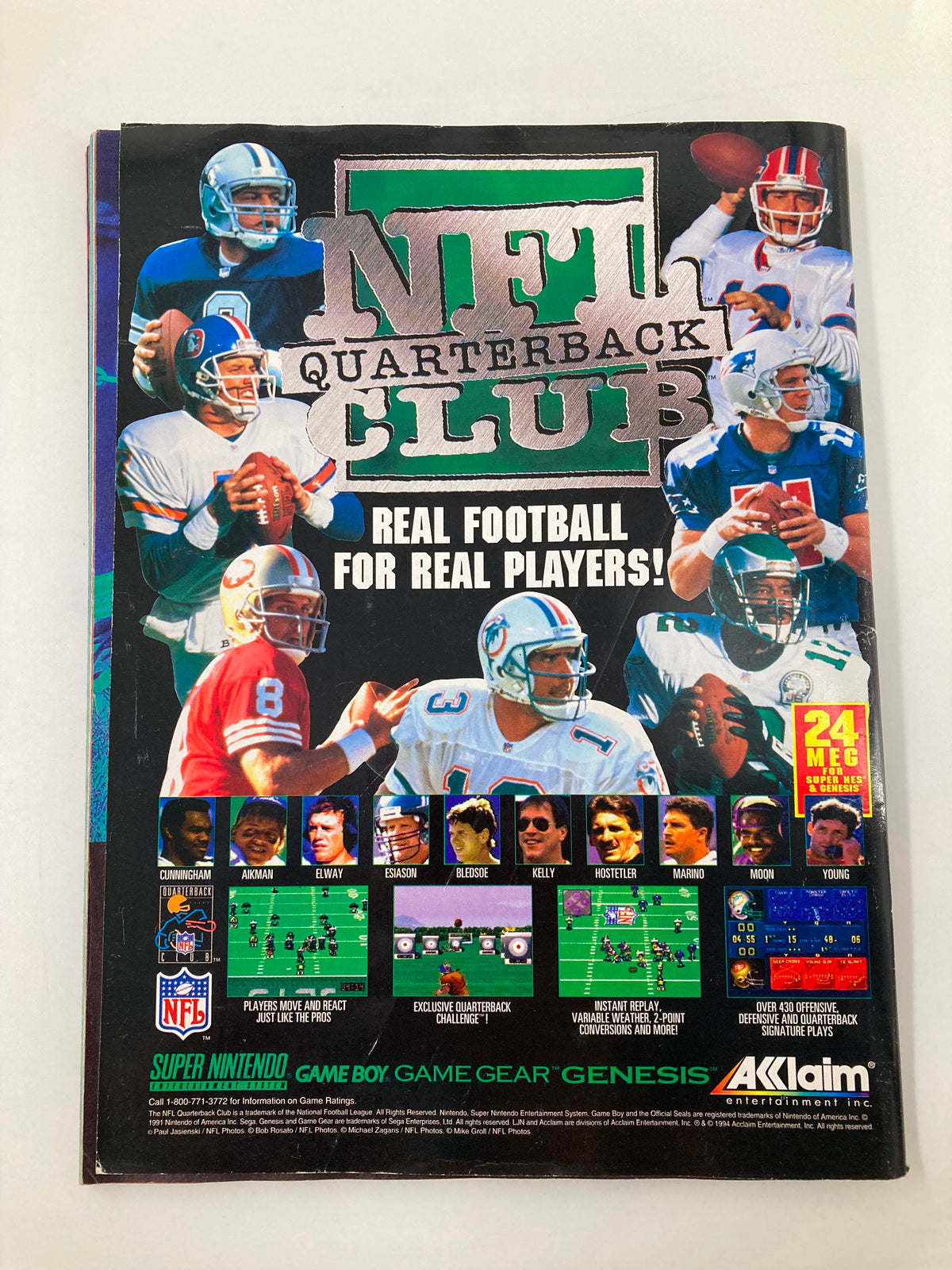 GamePro Magazine February 1995 showcasing an advertisement for 'NFL Quarterback Club', featuring images of famous football players and a gameplay screenshot, emphasizing real football experiences for gamers.