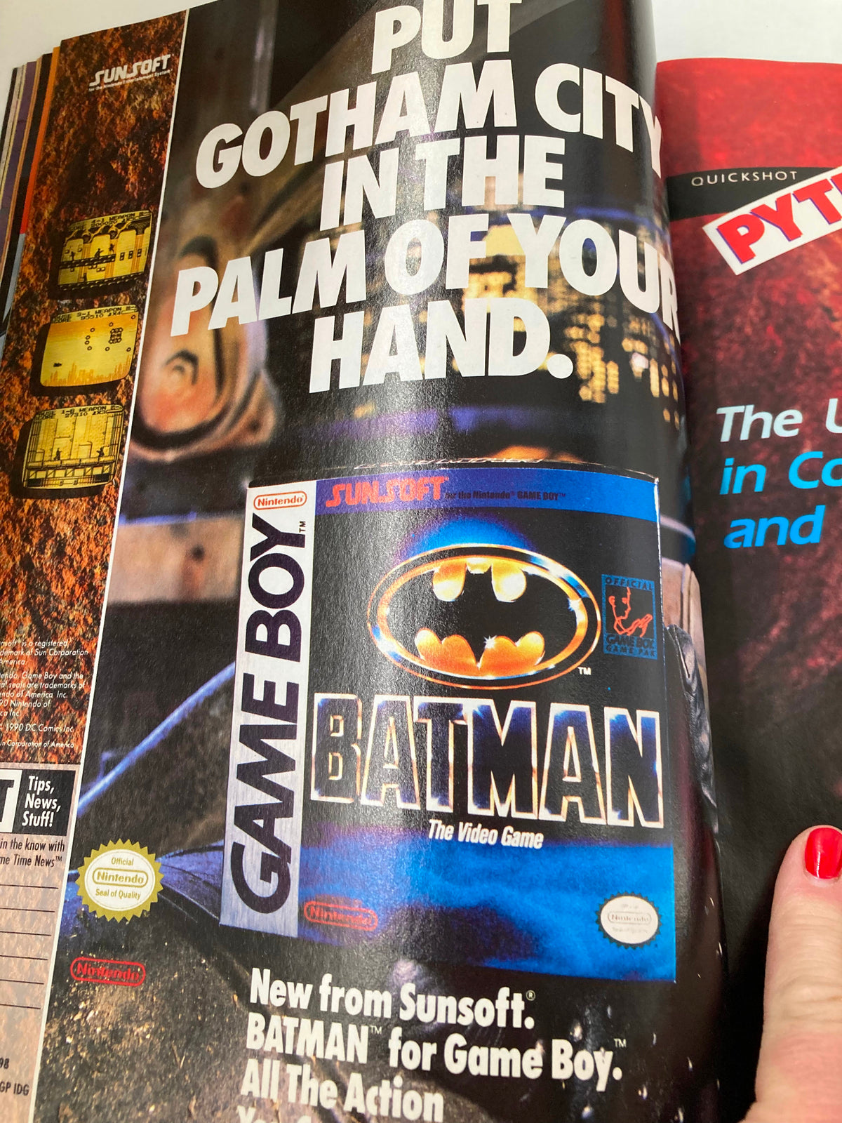 GamePro Magazine August 1990 includes an advertisement for the Game Boy game Batman, highlighting the tagline 'Put Gotham City in the Palm of Your Hand.'
