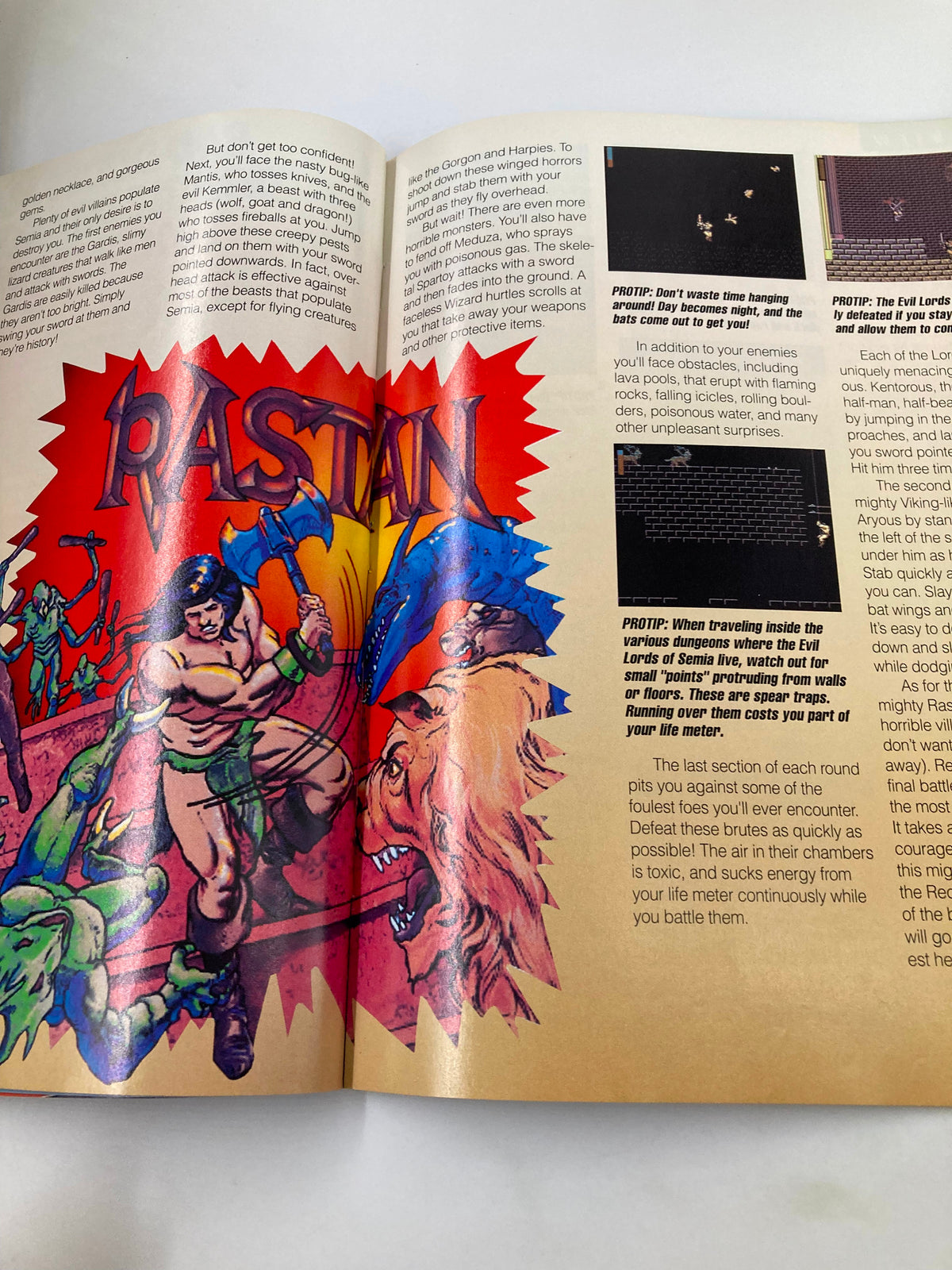 Inside page of GamePro Magazine July 1989 featuring a colorful illustration for the game RASTAN, showcasing gameplay tips and strategies for navigating challenging monsters.