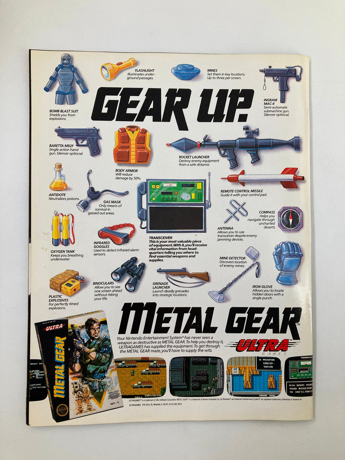 Advertisement page from GamePro Magazine July 1989 for METAL GEAR, displaying various items and weapons to gear up for gameplay, highlighting the Nintendo Entertainment System.