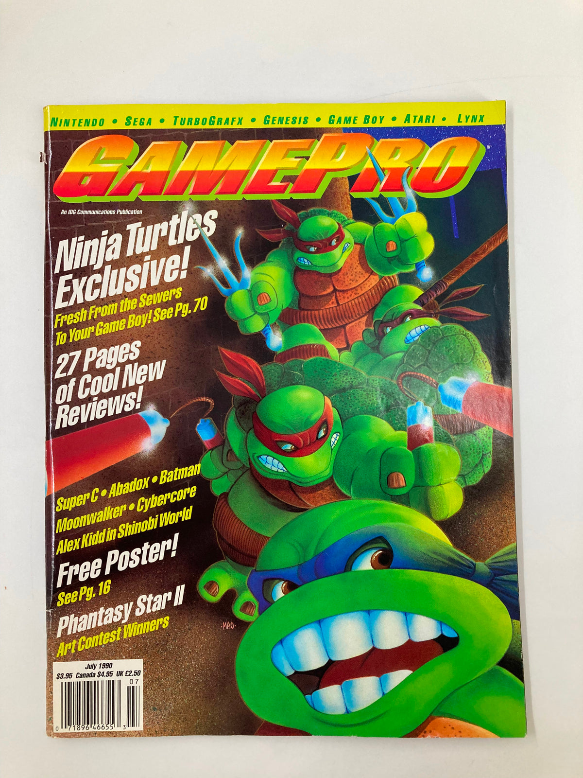 GamePro Magazine July 1990 cover featuring Teenage Mutant Ninja Turtles, highlighting 'Ninja Turtles Exclusive! Fresh From the Sewers To Your Game Boy'. The vibrant cover showcases iconic characters and mentions other games.
