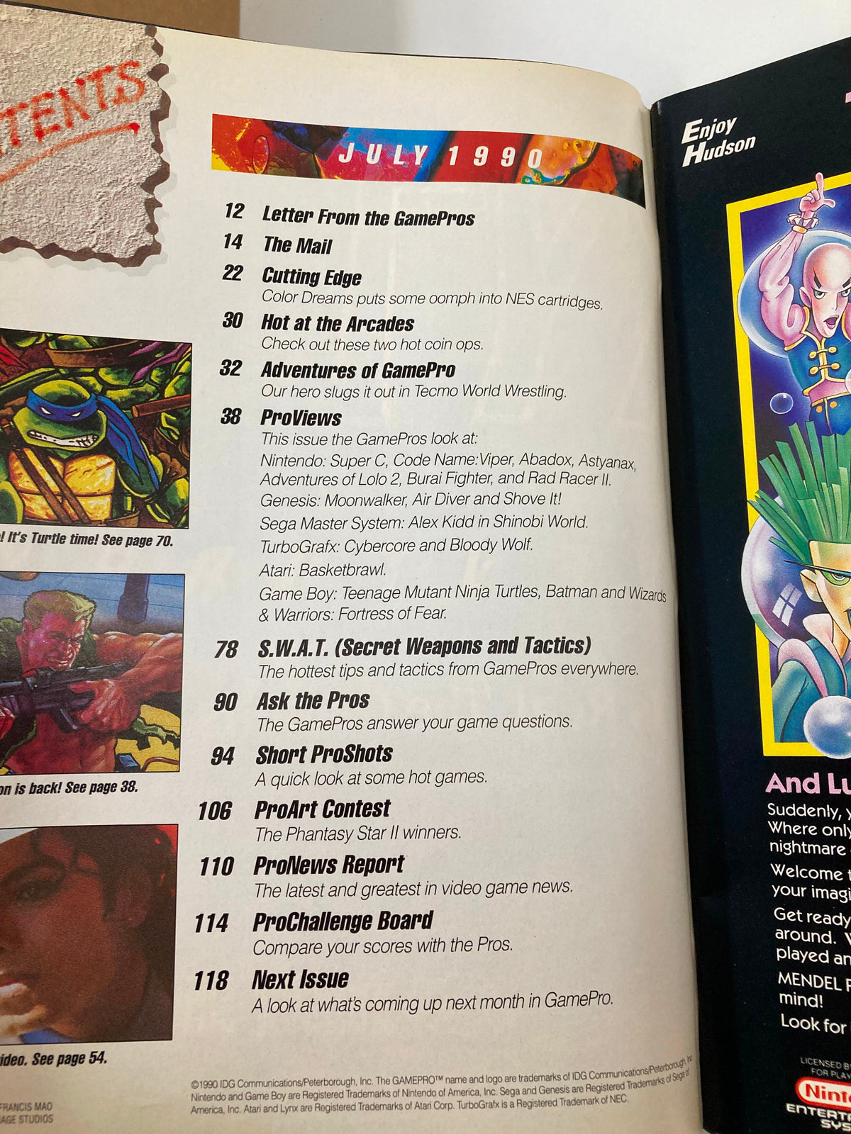 Inside page of GamePro Magazine July 1990, displaying the table of contents with articles including 'Adventures of GamePro', 'ProViews', and features on Teenage Mutant Ninja Turtles for Game Boy.