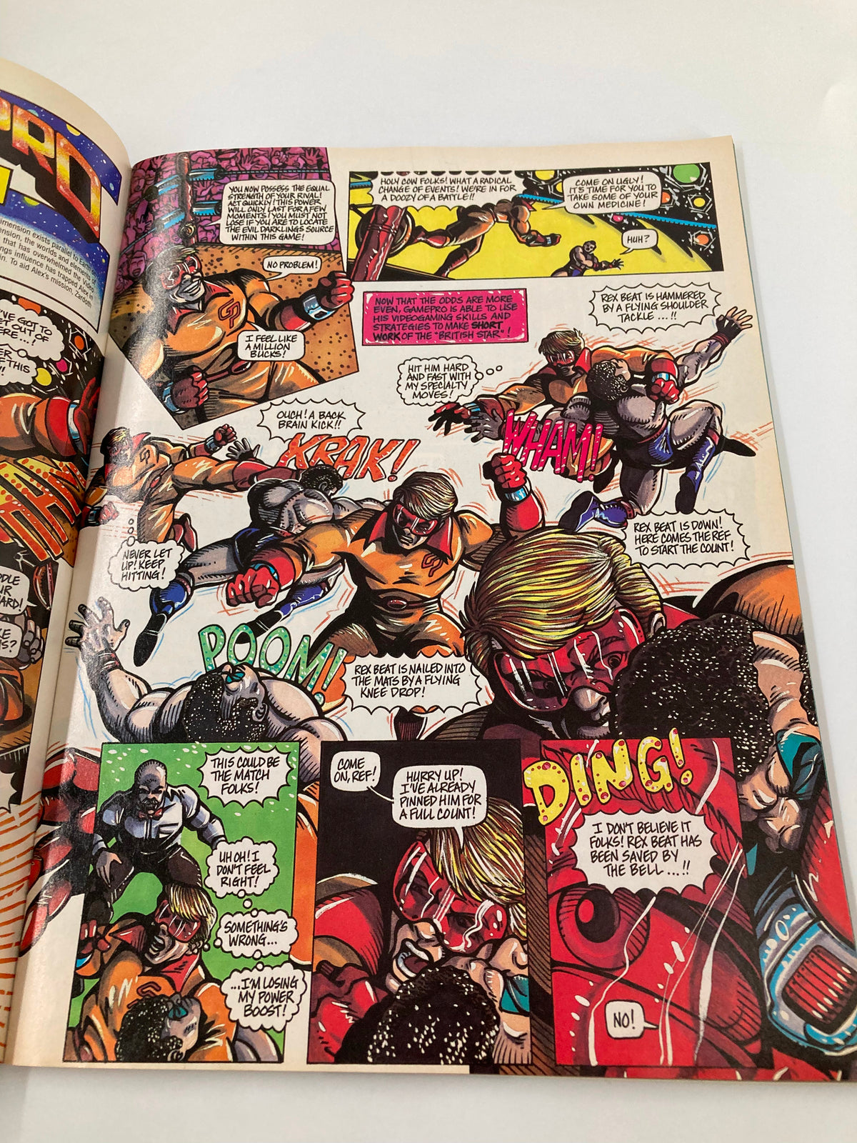 GamePro Magazine July 1990 presenting a comic-style illustration depicting a wrestling match, capturing vibrant action and character dialogue.