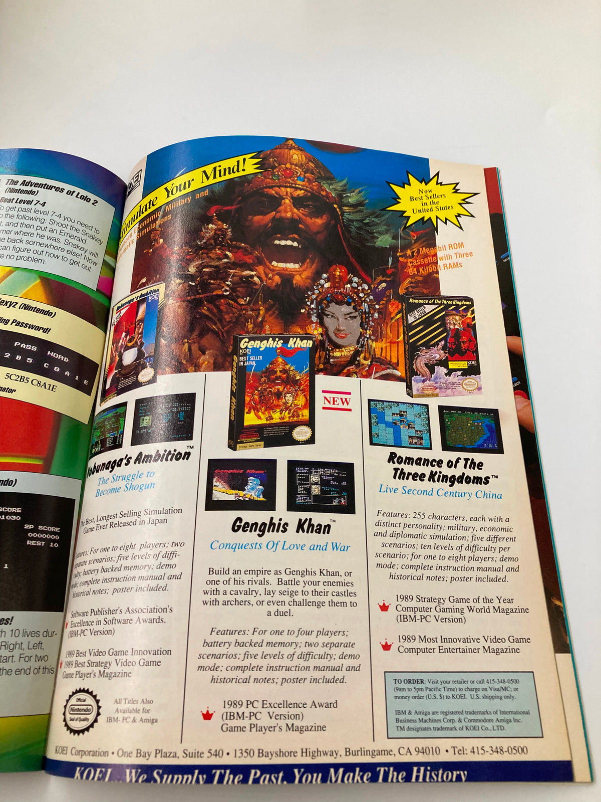 Image from GamePro Magazine July 1990 featuring advertisements for popular video games of the era, including Genghis Khan, highlighting colorful art and game titles to capture the retro gaming audience.
