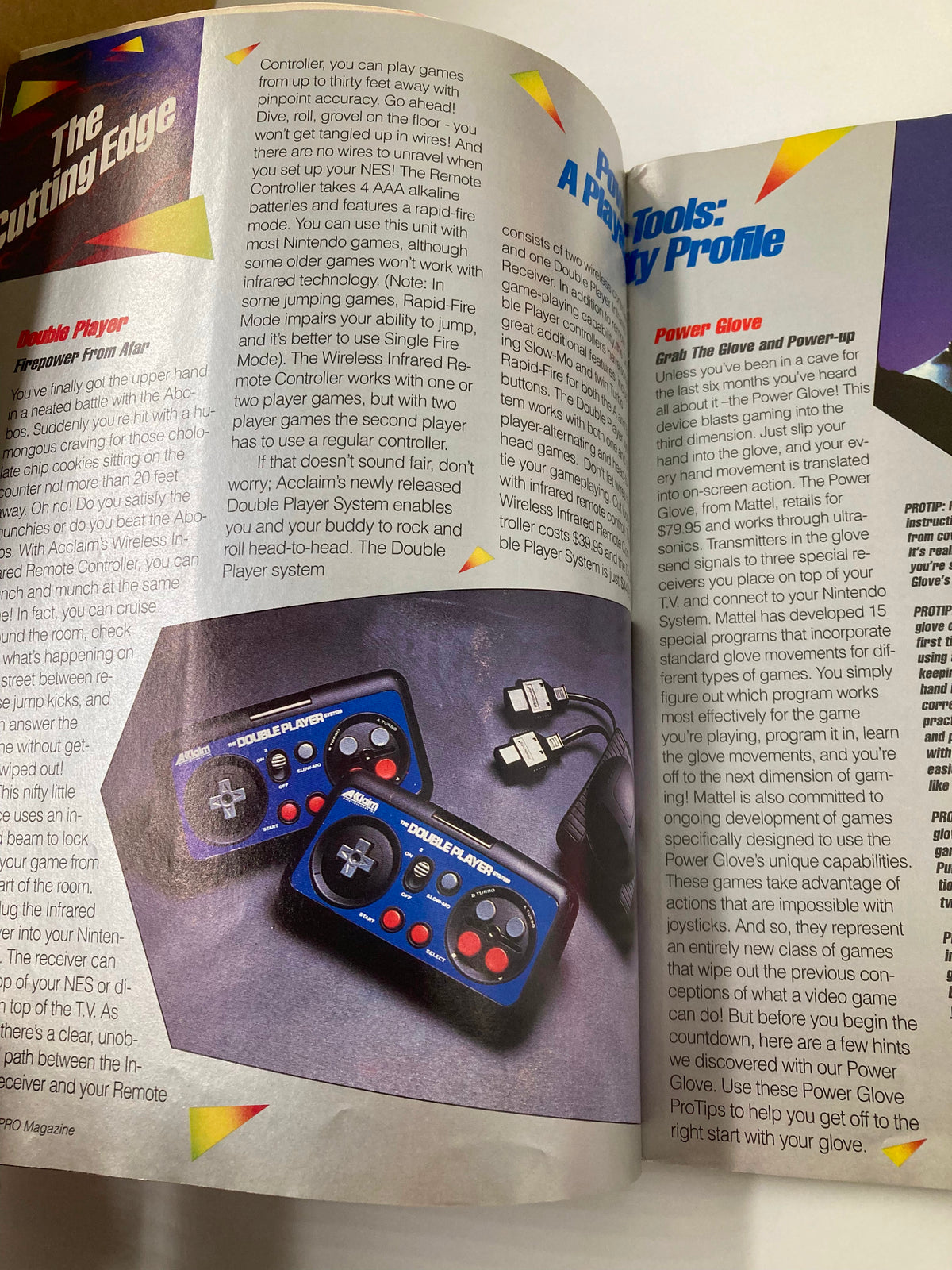 Article titled 'The Cutting Edge' from GamePro Magazine December 1989 discussing the new Double Player controller and Power Glove technology.