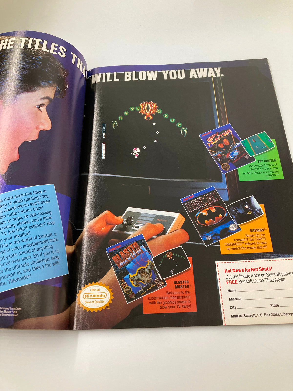 Promotional page in GamePro Magazine December 1989 showcasing explosive video game titles and the Blaster Master game, emphasizing action and gameplay.