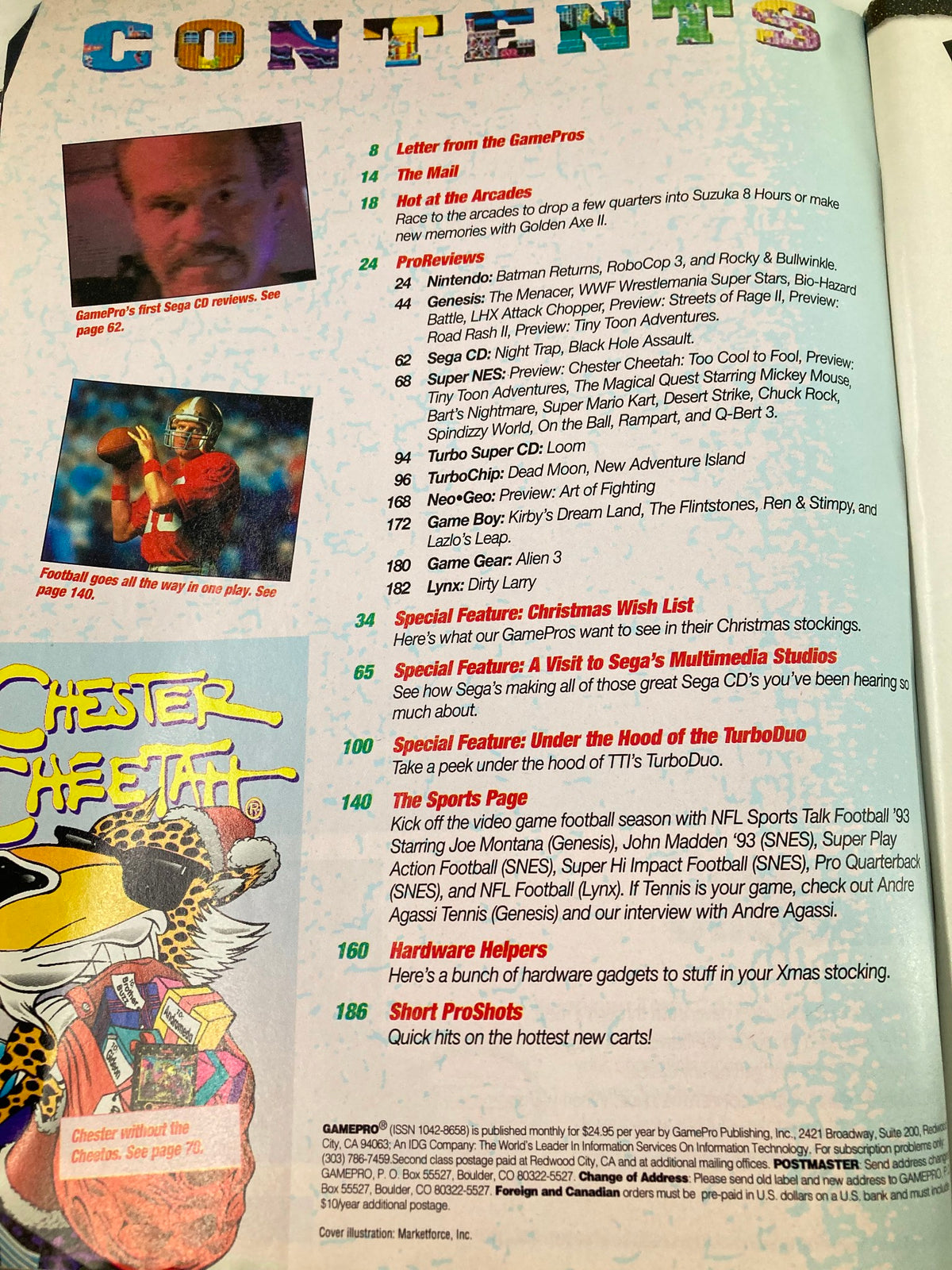 Table of contents page from GamePro Magazine Vol 4 #12, detailing features including reviews and special sections about Chester Cheetah.