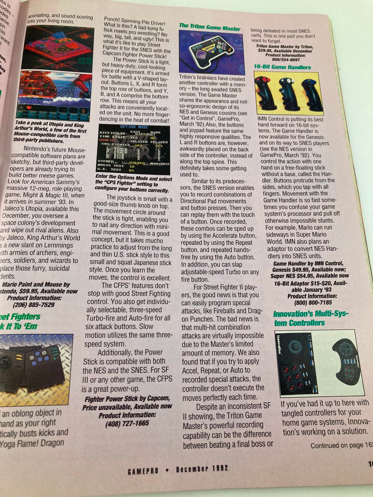 GamePro Magazine Vol 4 #12 December 1992 featuring a page about gaming peripherals including the Triton Game Master controller and compatibility with SNES and Genesis.