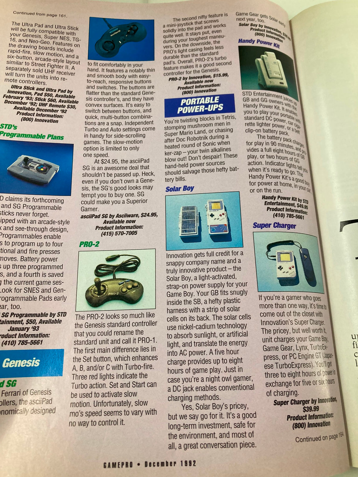 GamePro Magazine Vol 4 #12 December 1992 showing a review section for portable power-ups, with a focus on controllers like the PRO-2 and Super Charger.