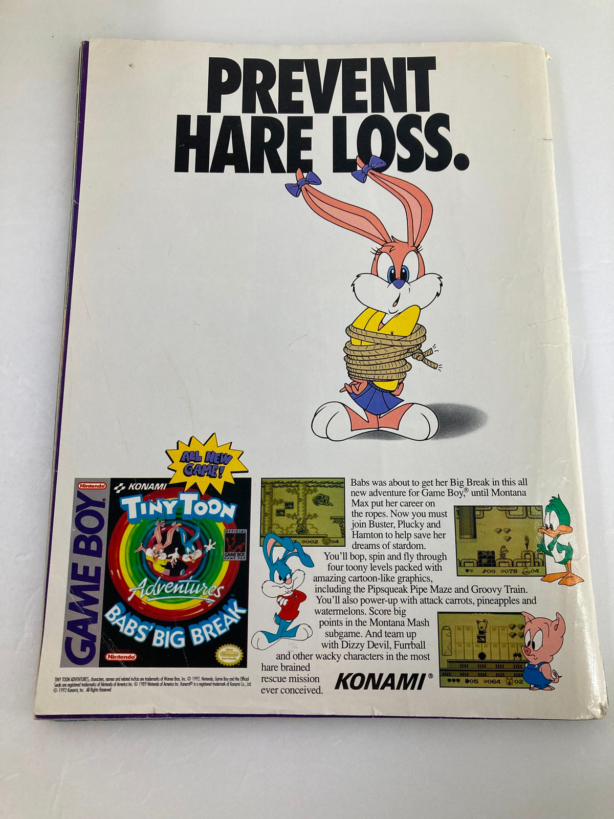 GamePro Magazine Vol 4 #12 December 1992 showcasing the back cover with an advertisement for Konami's Tiny Toon Adventures featuring Babs Bunny.