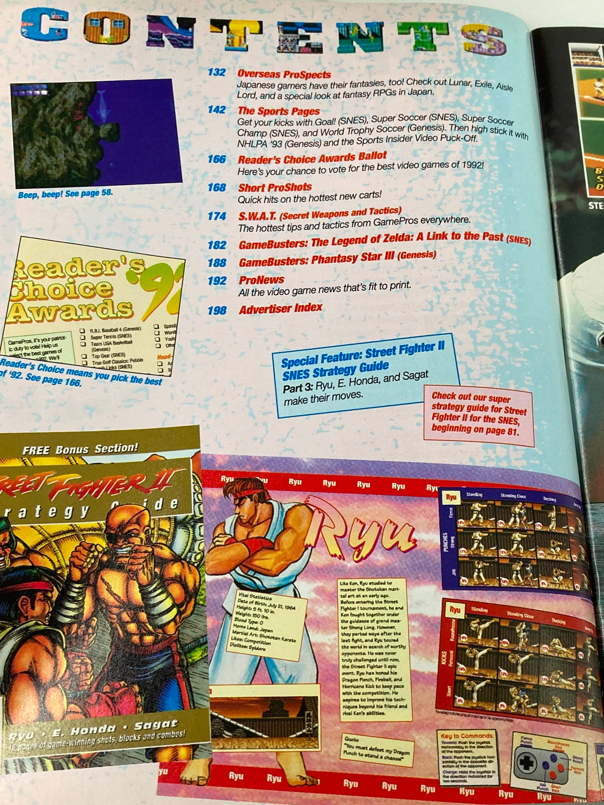 Detailed contents page from GamePro Magazine Vol 4 #11, November 1992, focusing on various gaming articles including a free strategy guide for Street Fighter II.