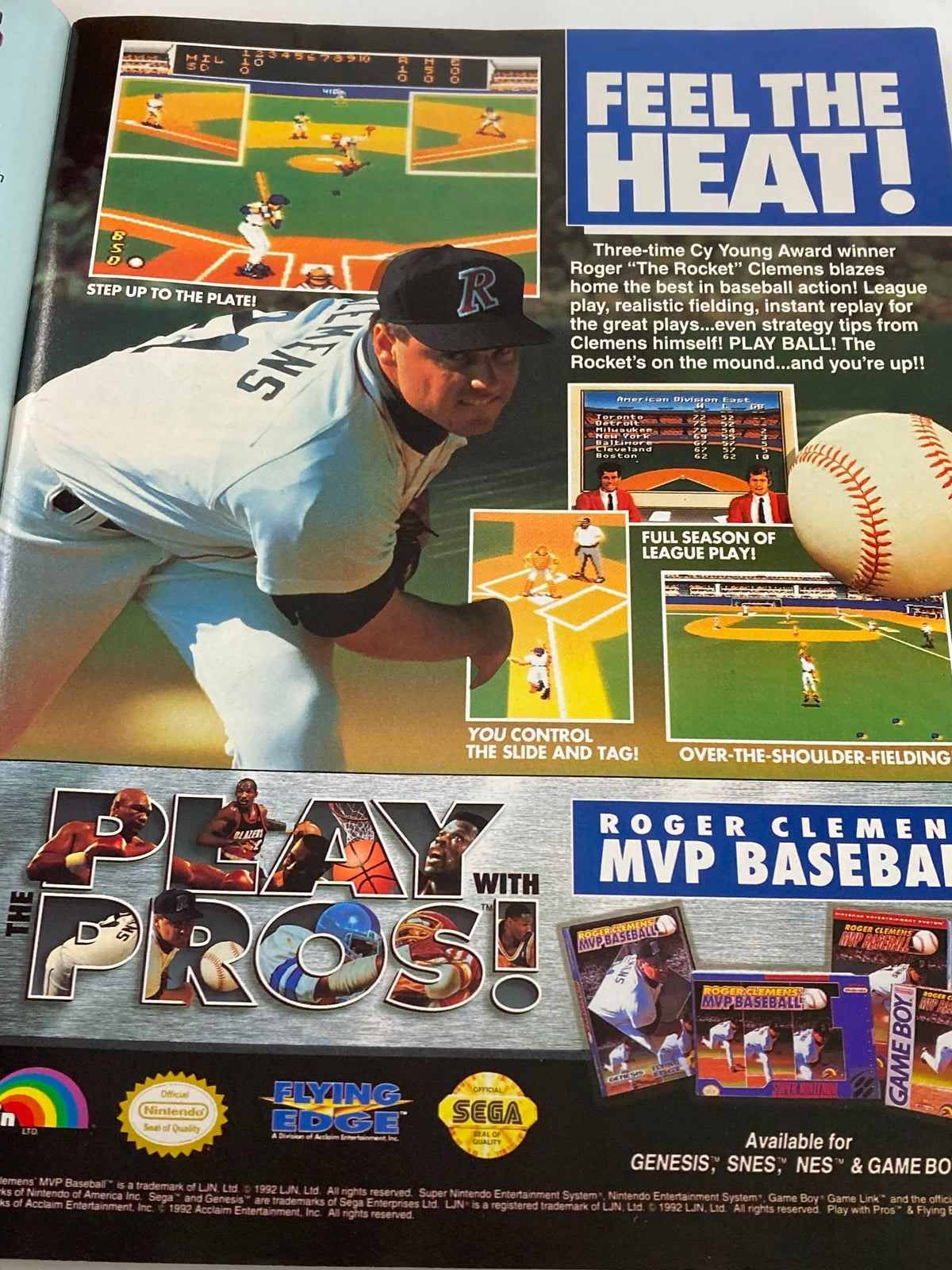 Promotional page from GamePro Magazine Vol 4 #11, November 1992, advertising Roger Clemens MVP Baseball, featuring baseball action screenshots and gameplay highlights.