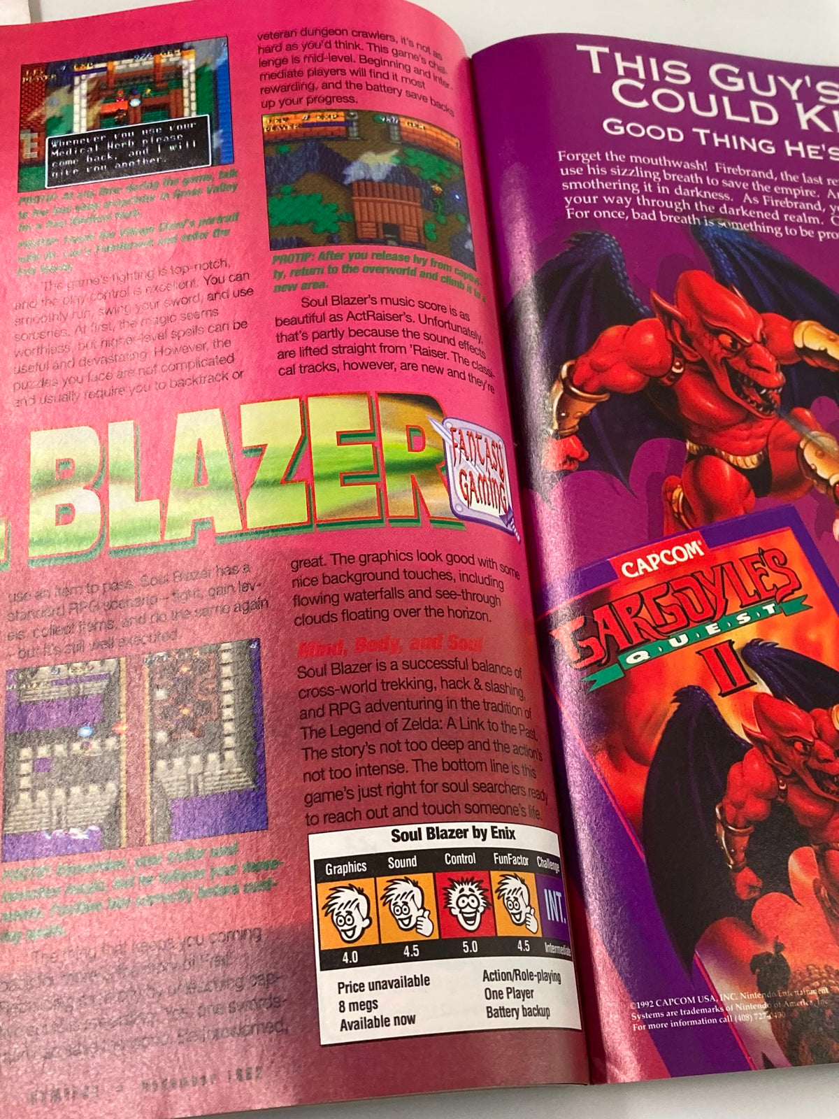 GamePro Magazine Vol 4 #11 includes reviews and visuals for Soul Blazer and Gargoyle's Quest II, capturing a vibrant indie game theme from the early 90s.
