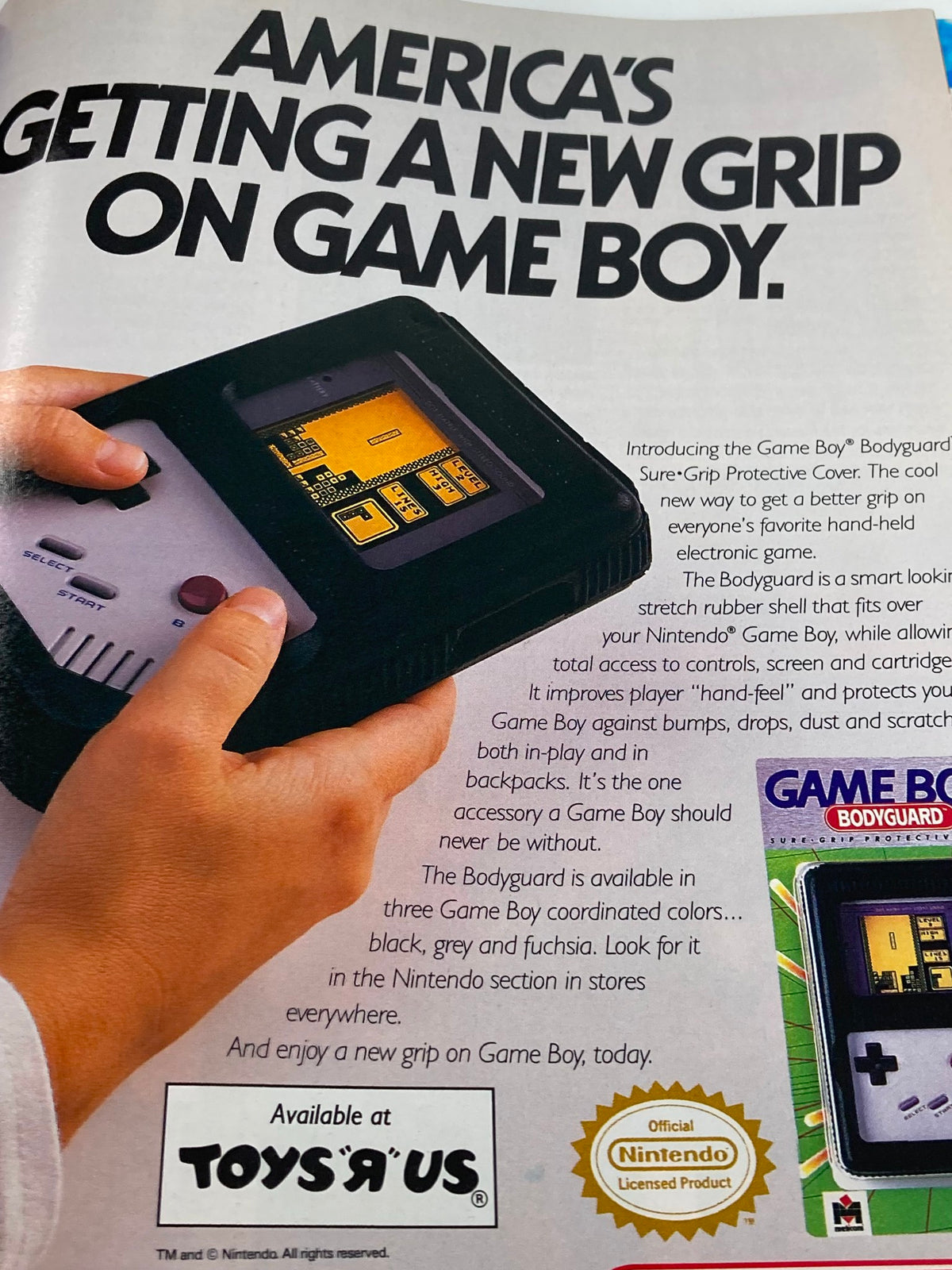GamePro Magazine Vol 4 #11 featuring a vintage advertisement for the Game Boy Bodyguard Sure-Grip Protective Cover, highlighting its features for better grip and protection on handheld devices.