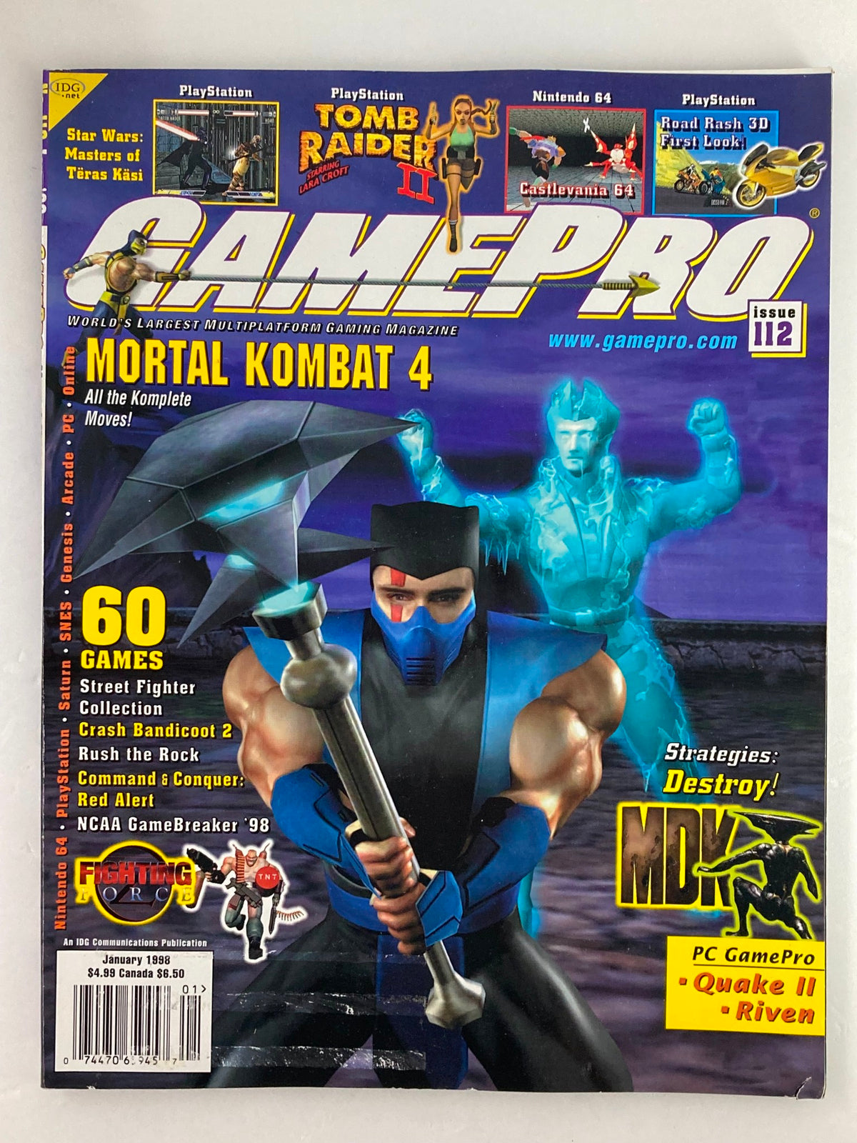 Cover of GamePro Magazine January 1998 Issue #12 featuring Mortal Kombat 4 and Quick II Riven, showcasing gaming highlights and iconic characters from the late 90s.
