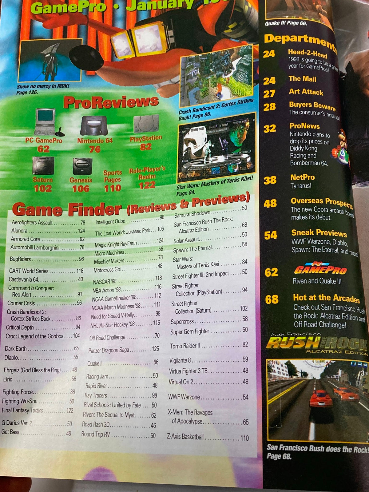Interior page of GamePro Magazine January 1998 Issue #12 showcasing game reviews and previews, including titles like Mortal Kombat 4 and Quick II Riven.