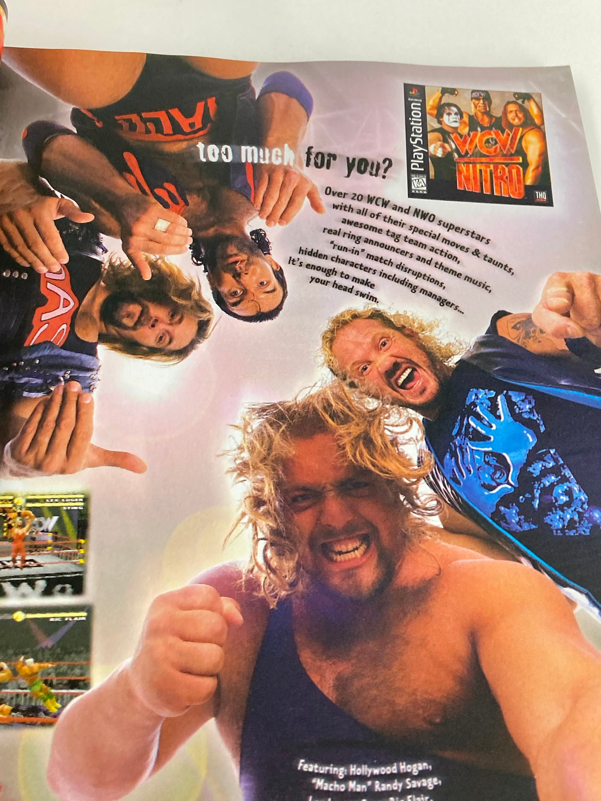 Advertisement page from GamePro Magazine January 1998 featuring WCW Nitro with popular wrestling superstars, highlighting the PlayStation game.
