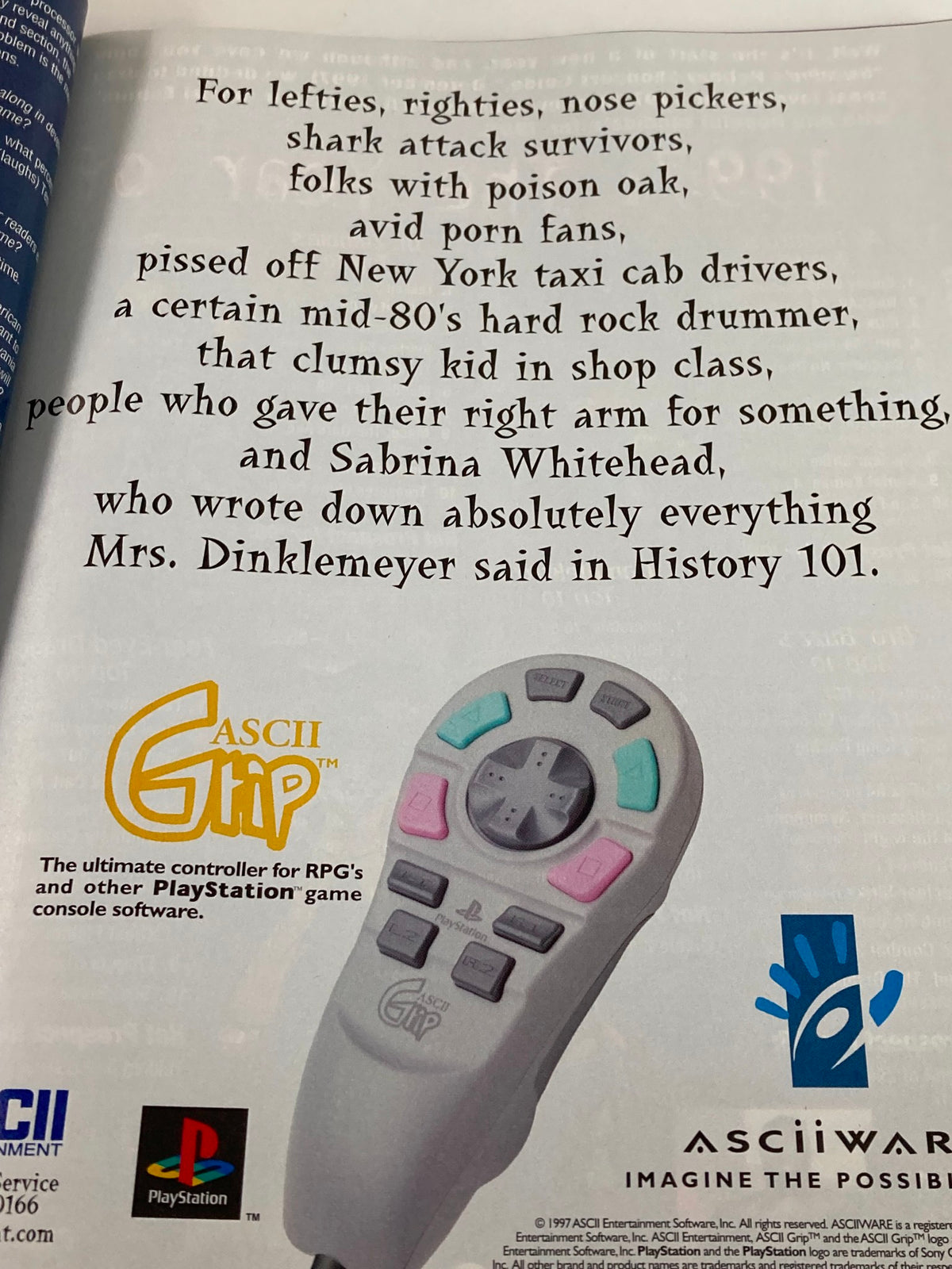 Page from GamePro Magazine January 1998 discussing ASCII Grip, the ultimate controller for RPGs on PlayStation, showcasing its unique features.