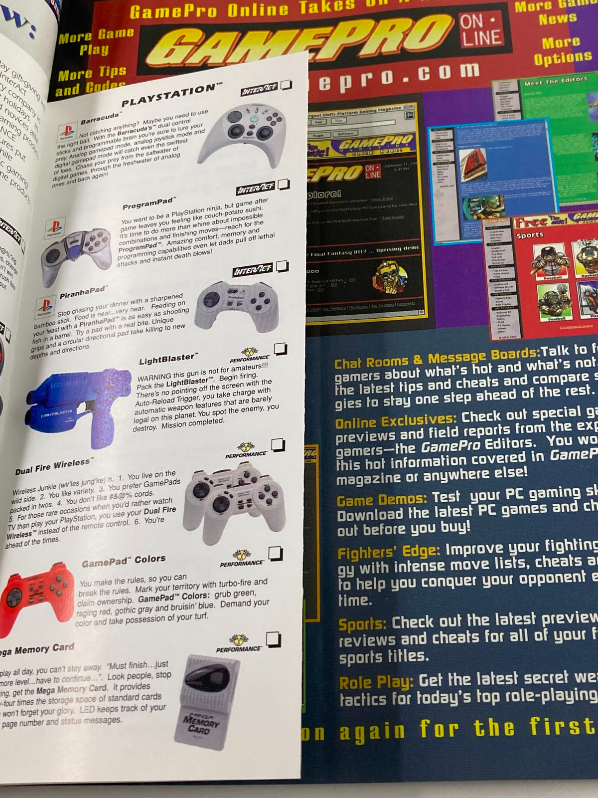 Advertisement page from GamePro Magazine January 1998 presenting various PlayStation controllers and accessories with promotional features.
