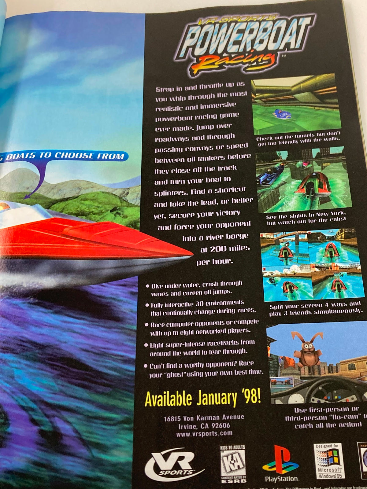 GamePro Magazine January 1998 - Mortal Kombat 4 and Quick II Riven featuring an advertisement for VR Sports Powerboat Racing, showcasing vibrant graphics and gaming elements.