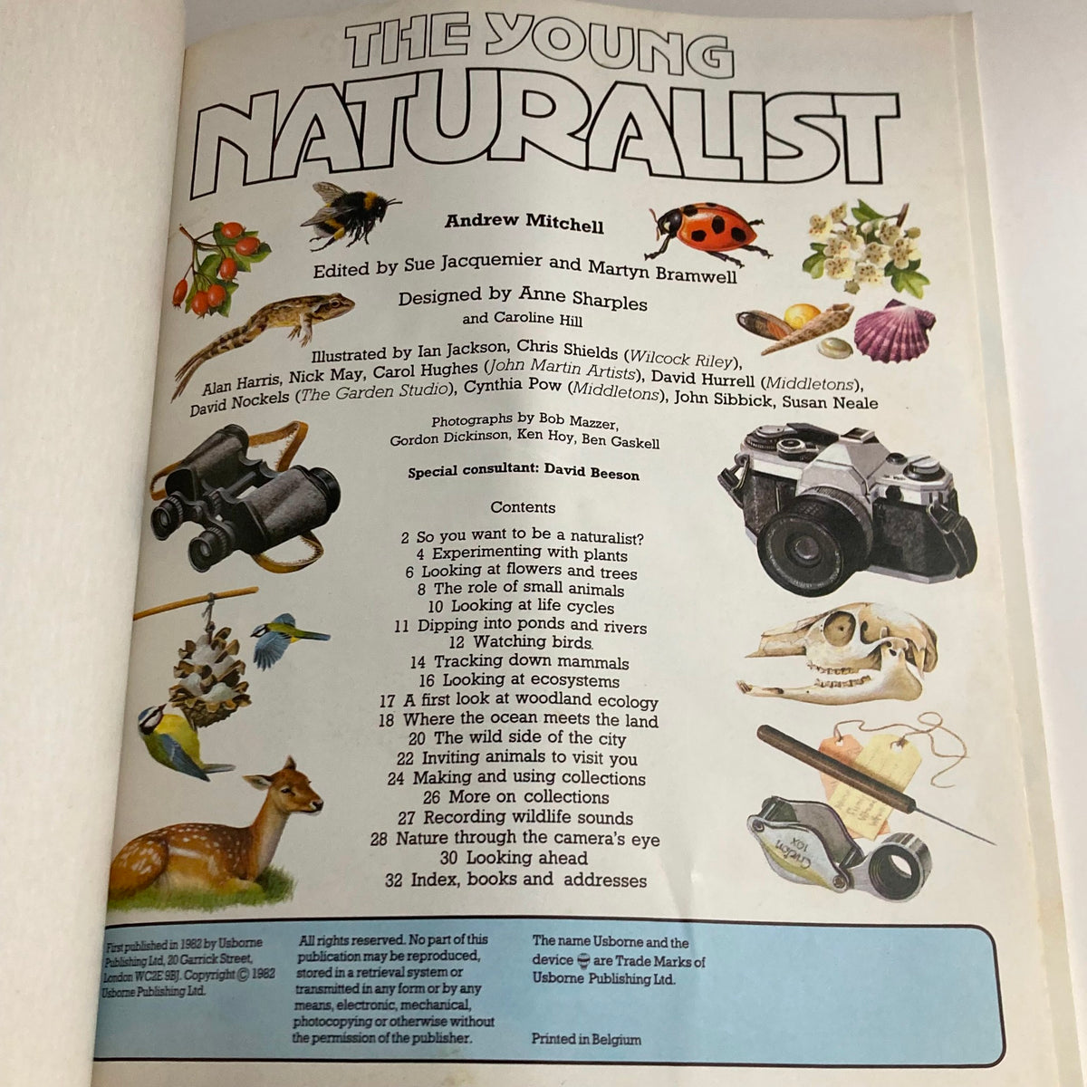 Inside page of 'The Young Naturalist' book displaying contents and illustrations related to nature studies, designed by Anne Sharples.