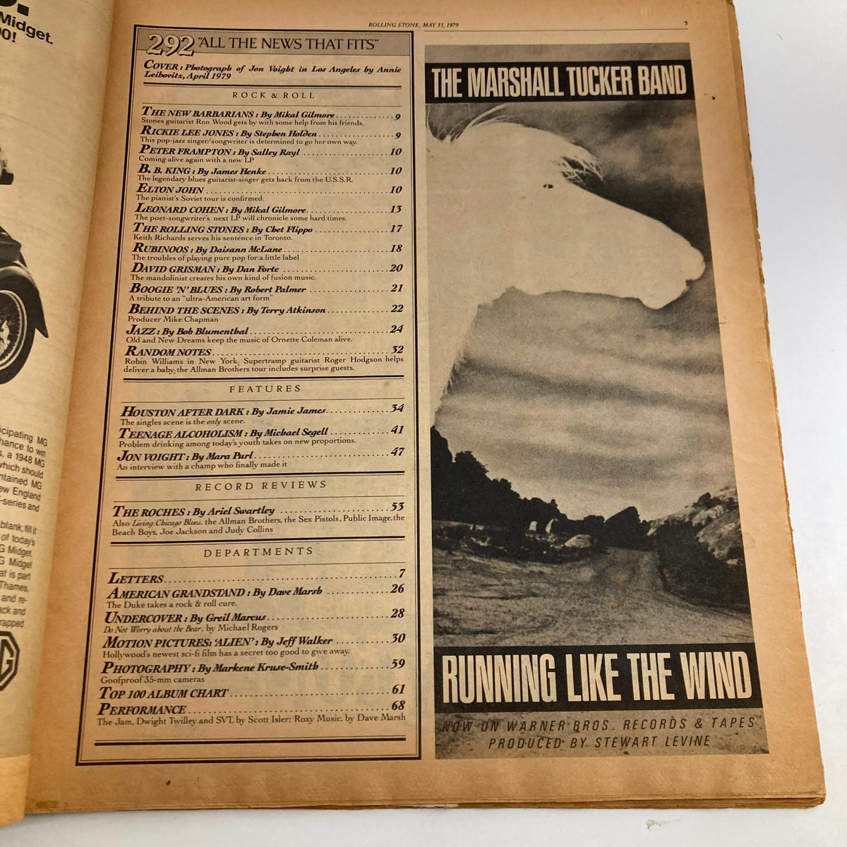 Rolling Stone Magazine May 31 1979 page featuring the table of contents listing articles and features including Jon Voight, THE MARSHALL TUCKER BAND, and record reviews.