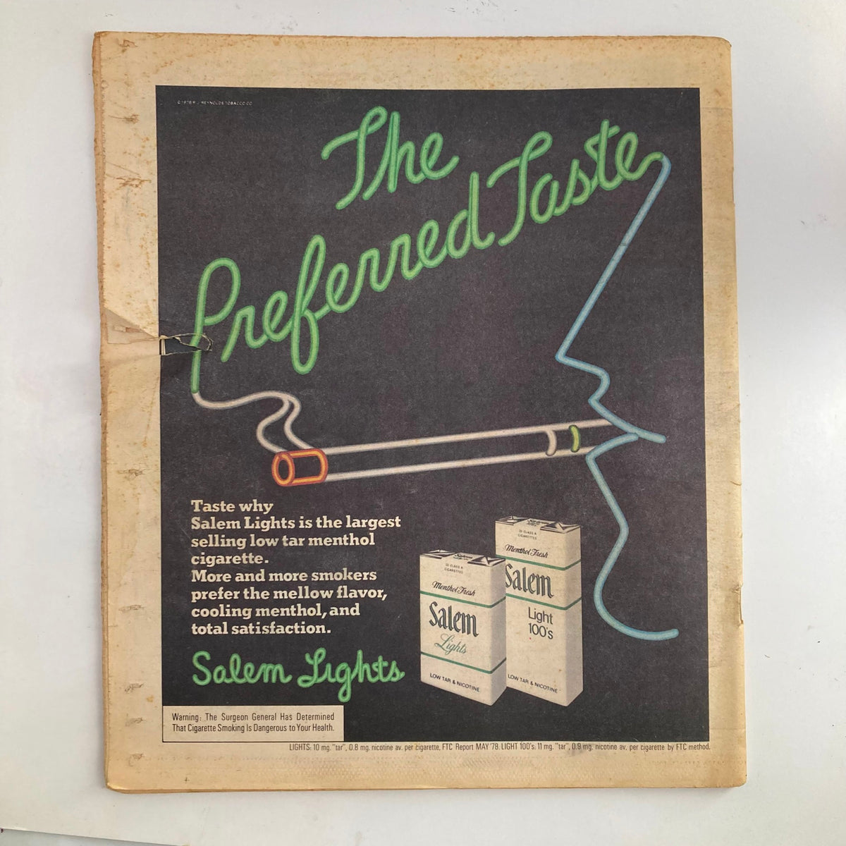 Back cover of Rolling Stone Magazine, September 21, 1978, featuring an advertisement for Salem Lights cigarettes.